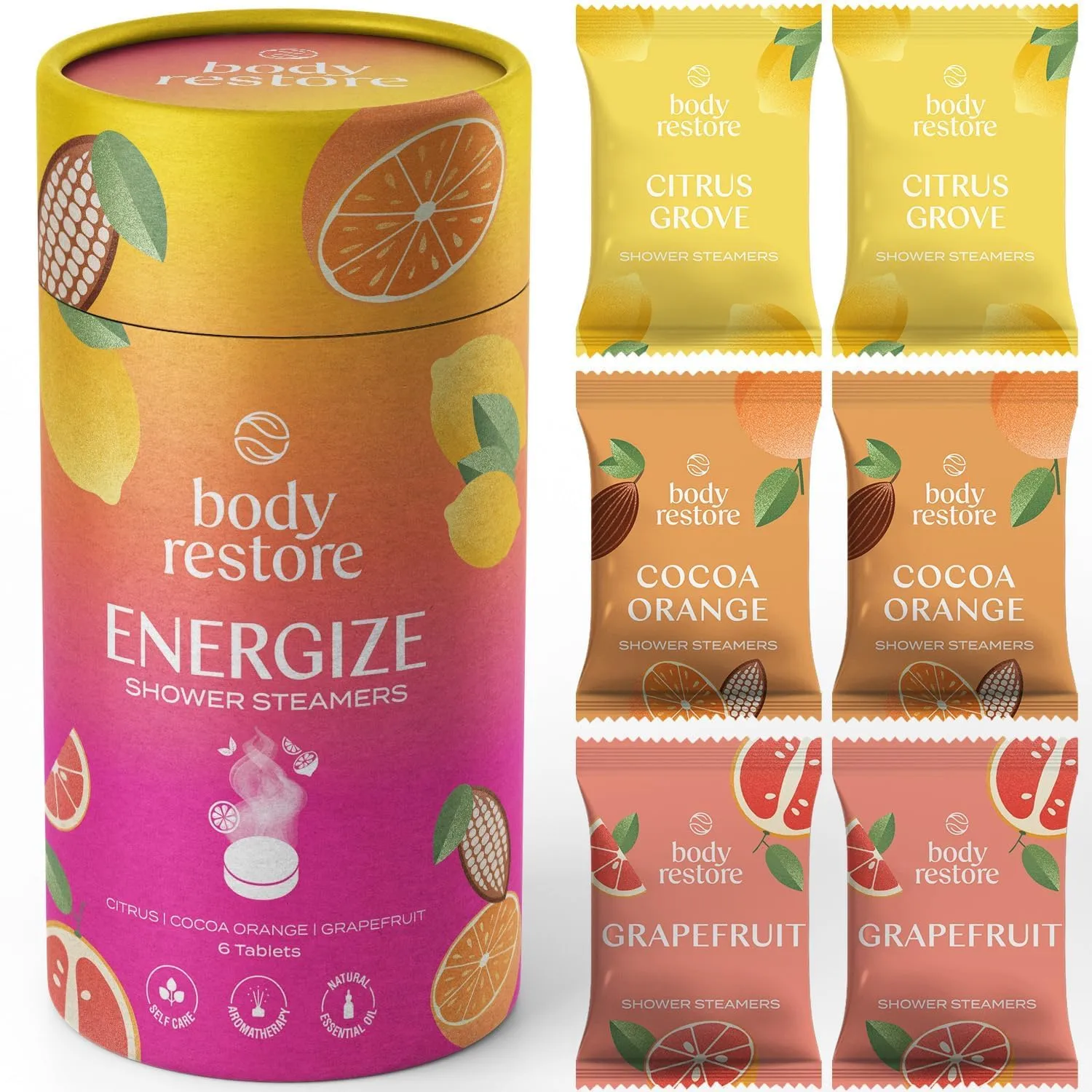 Body Restore Shower Steamers Aromatherapy 6 Pack - Christmas Stocking Stuffers for Men, Birthday Gifts for Women, White Elephant, Relaxation, Self Care - Citrus