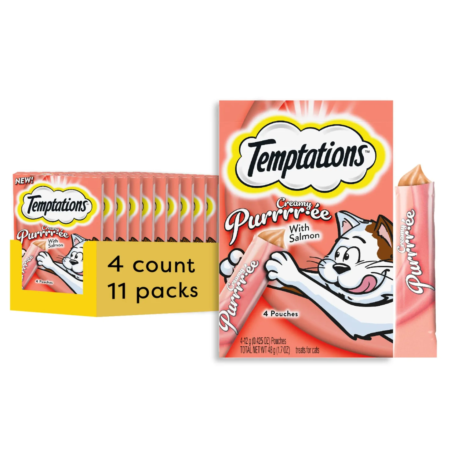 Temptations Creamy Puree Squeezable Lickable Wet Cat Treats with Salmon, 0.42 oz. Tubes, 4 Count, Pack of 11 (44 Total)