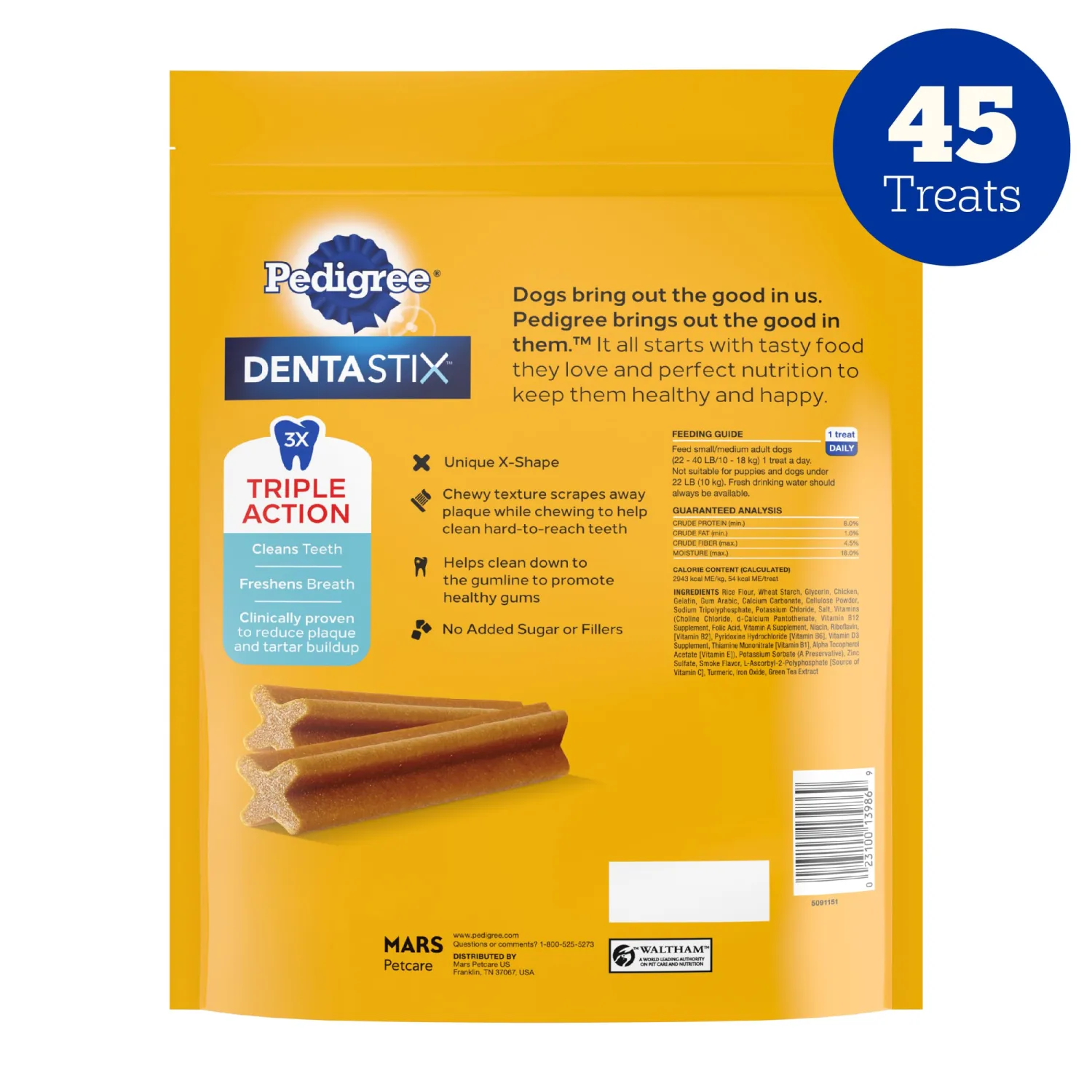 Pedigree Dentastix Small & Medium Breed Dog Treats, Original with Real Chicken, 21.1 oz. Bag (45 Treats)