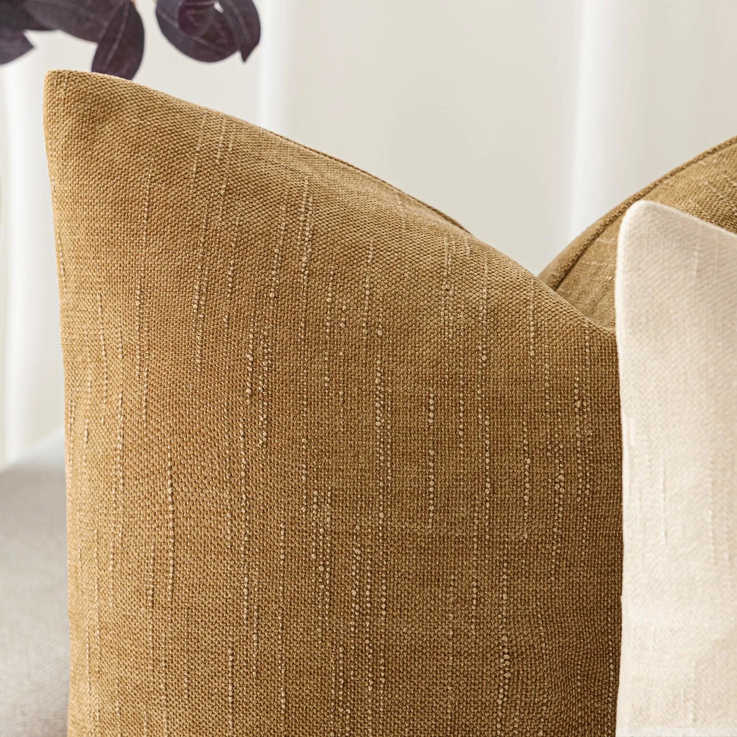 Foindtower Set of 2 Soft Textured Chenille Throw Decorative Pillow Covers Square Accent Solid Cushion Cover Neutral Farmhouse Pillow Case for Couch Sofa Bedroom Living Room 22x22 Inch,Golden Brown