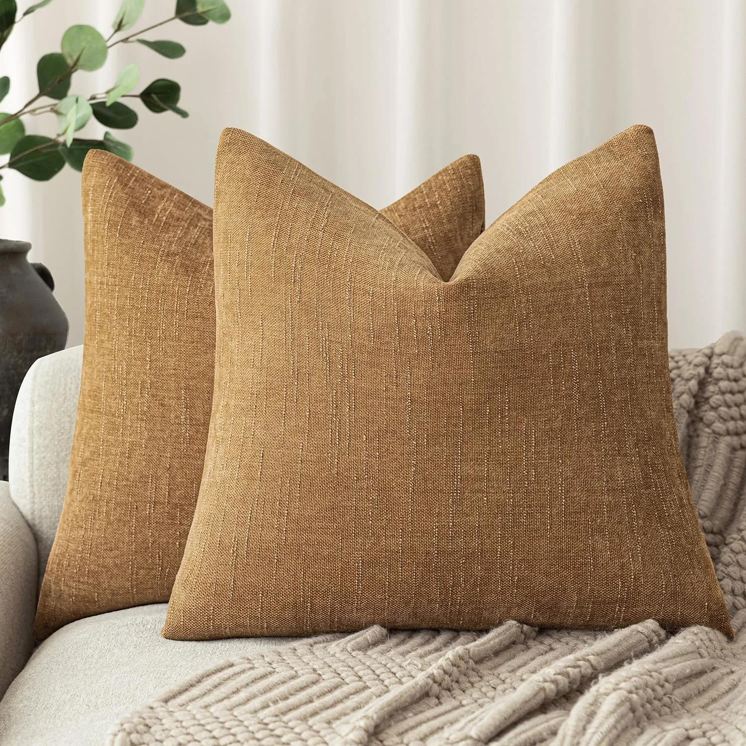 Foindtower Set of 2 Soft Textured Chenille Throw Decorative Pillow Covers Square Accent Solid Cushion Cover Neutral Farmhouse Pillow Case for Couch Sofa Bedroom Living Room 22x22 Inch,Golden Brown