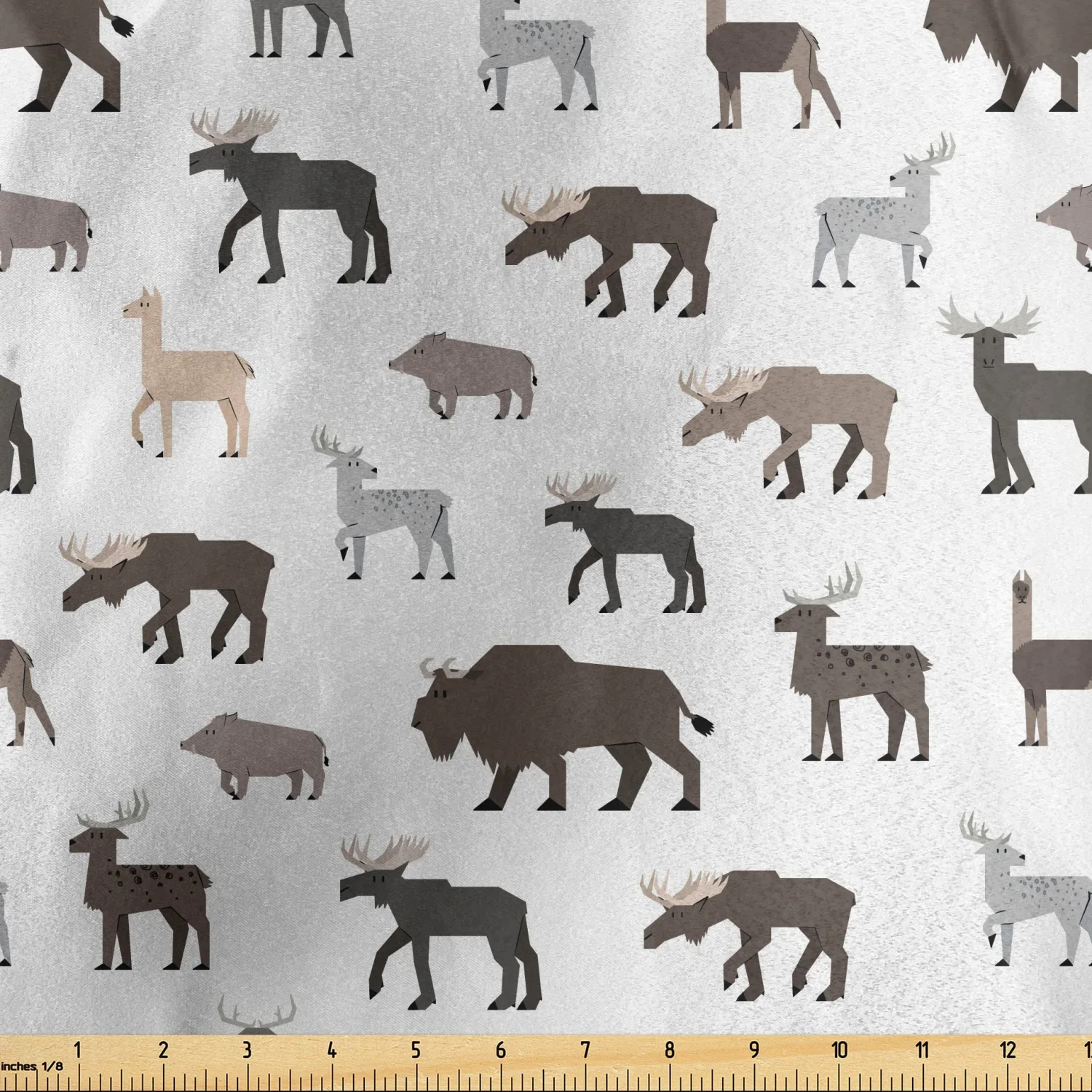 Lunarable Bison Fabric by The Yard, Forest Woodland Animals with Reindeer Mammal Wild Boar Cow Ochre Wilderness Print, Decorative Satin Fabric for Home Textiles and Crafts, 3 Yards, Dark Brown