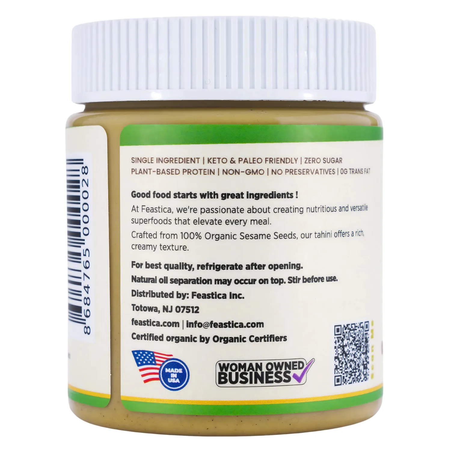 FEASTICA Organic Tahini, 10 oz, 100% Natural Sesame Paste, Gluten-Free, Non-GMO, Vegan, and Keto-Friendly