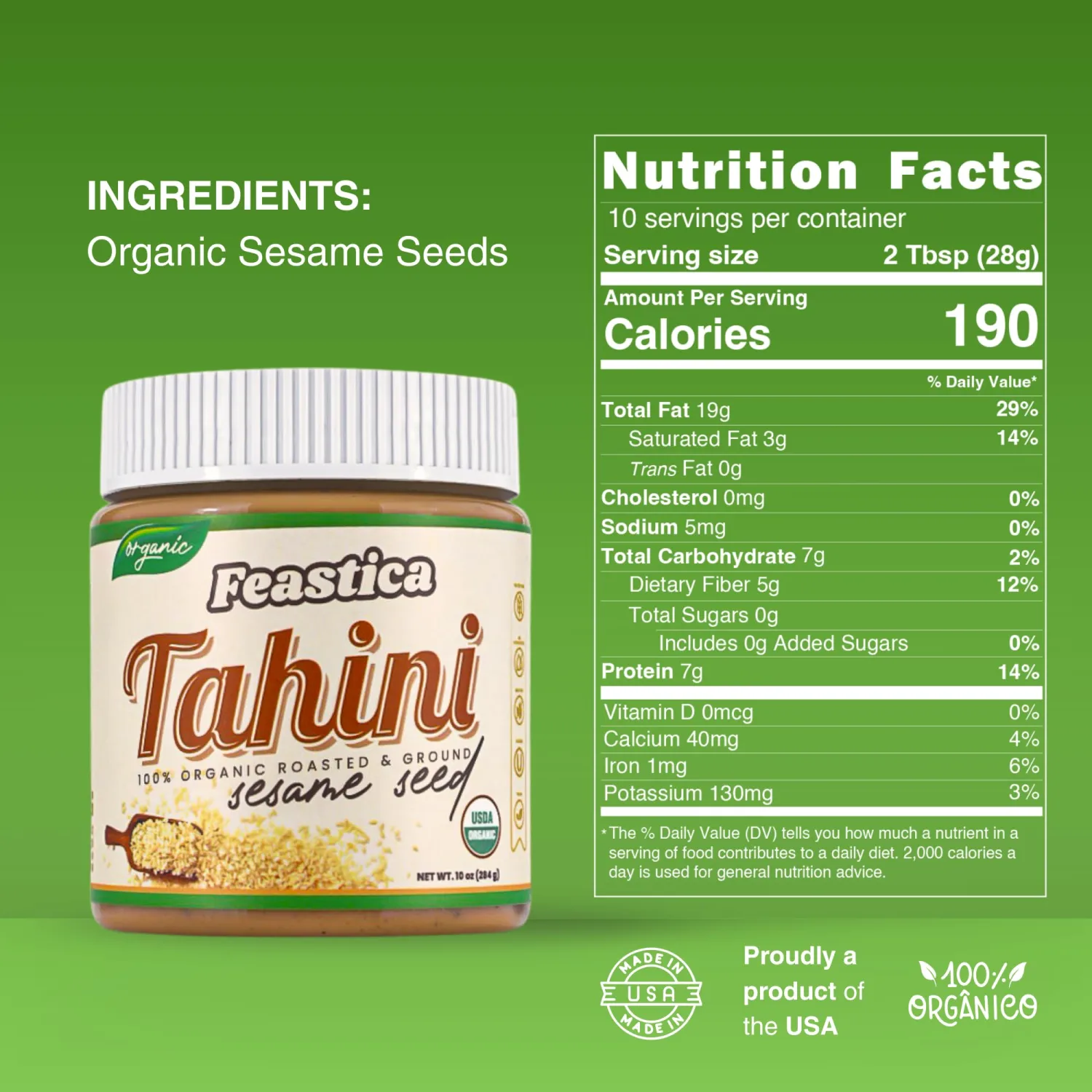 FEASTICA Organic Tahini, 10 oz, 100% Natural Sesame Paste, Gluten-Free, Non-GMO, Vegan, and Keto-Friendly