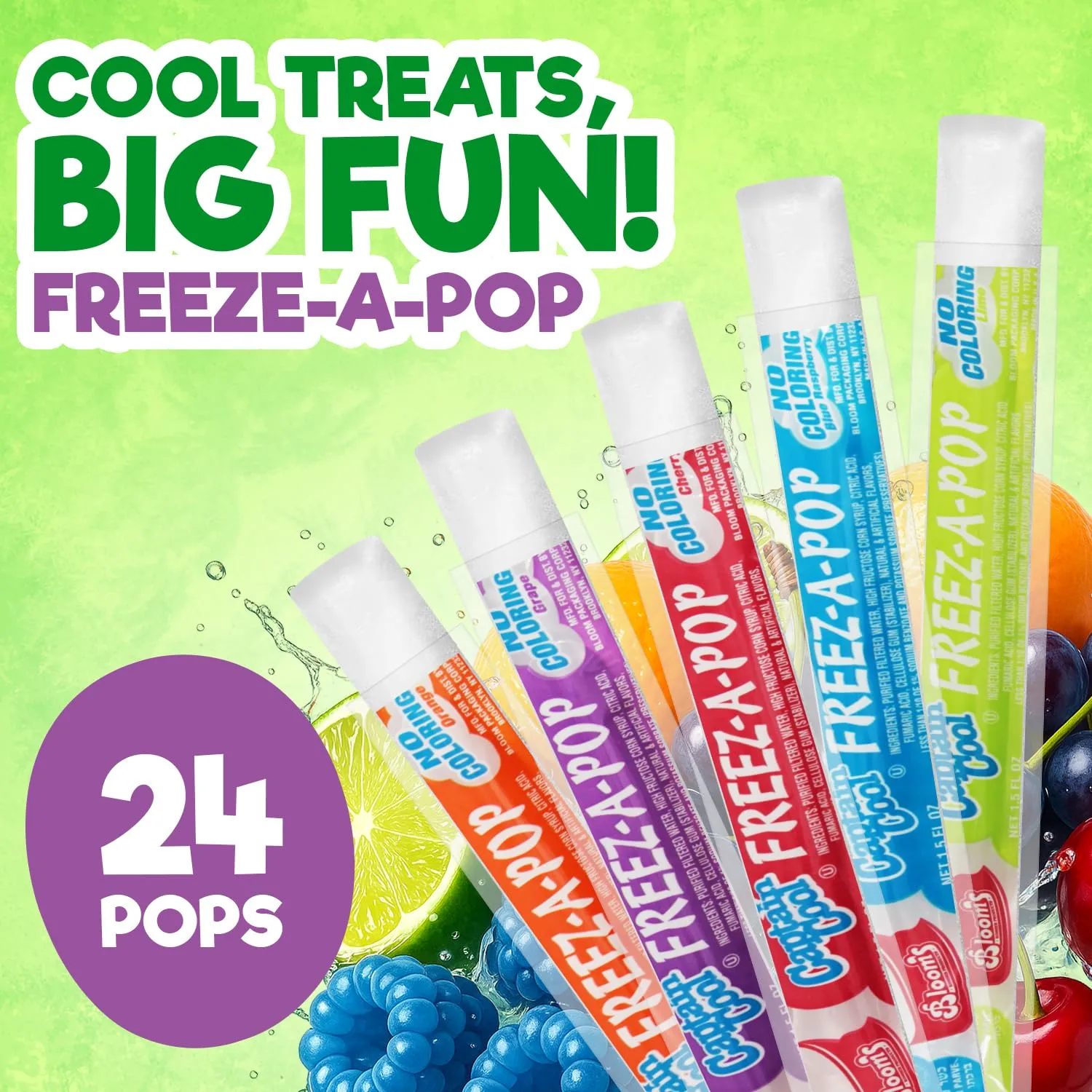 Freeze Pops, 24 Count Ice Pops Bulk Pack of Refreshing Assorted Flavors, Enjoy Dye Free Popsicles Frozen and Ready Anytime, Bright, Fruity and Fun Flavor Ice Freeze Pop Treats for All Ages