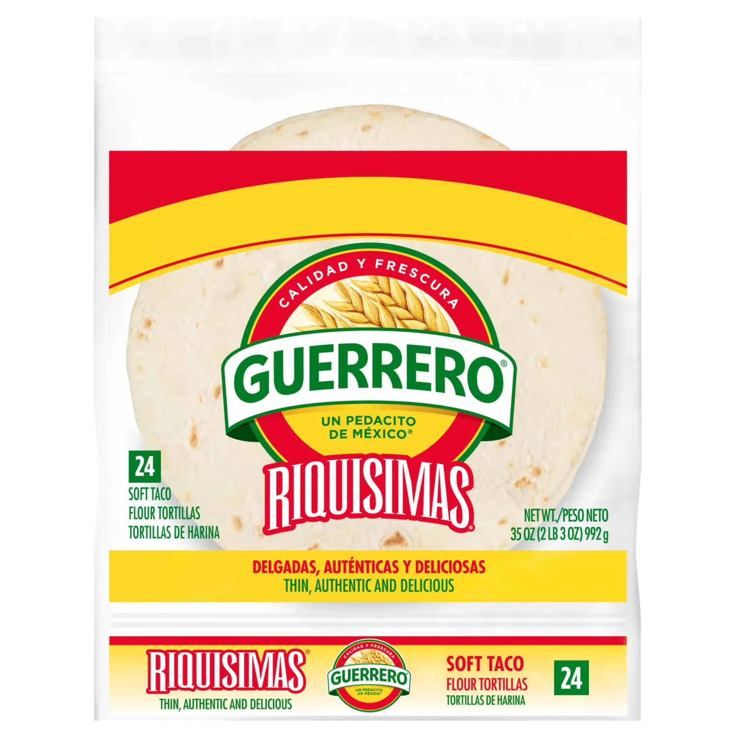 Guerrero Riquisimas Soft Taco Flour Tortillas, Trans Fat Free, Authentic, Medium Size, 24 Count