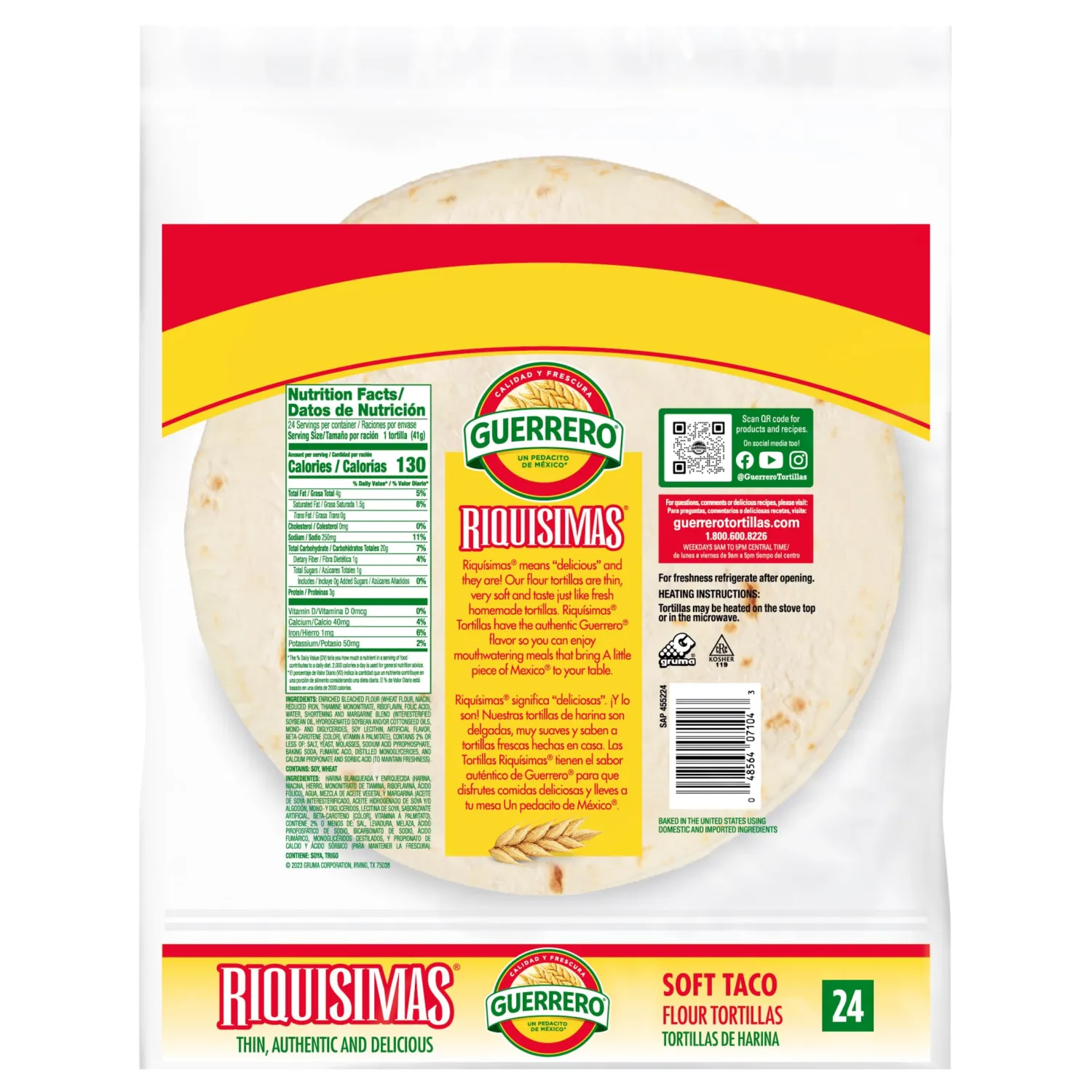 Guerrero Riquisimas Soft Taco Flour Tortillas, Trans Fat Free, Authentic, Medium Size, 24 Count