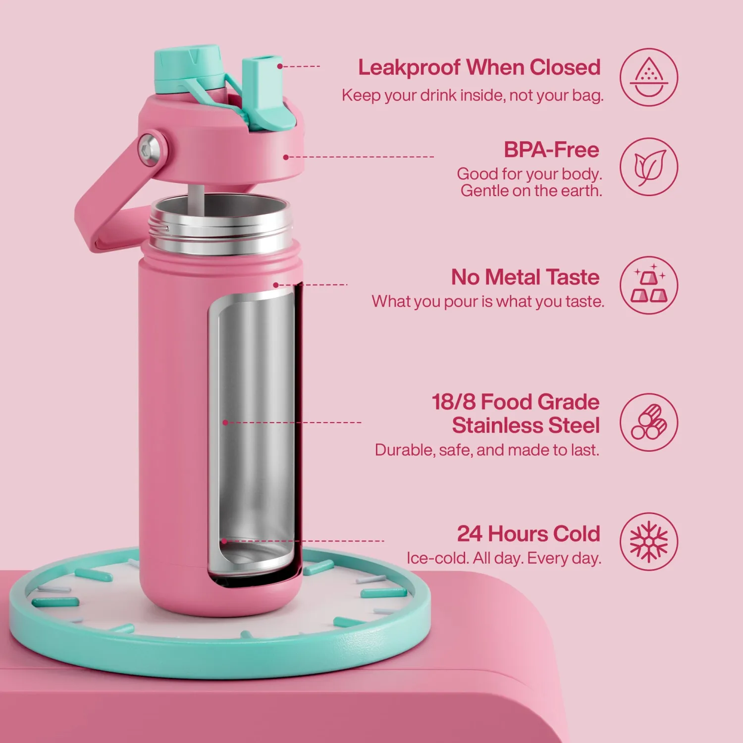 Insulated Water Bottle with Straw Stainless Steel Water Bottle, Leak-Proof, BPA-Free, Double Wall Vacuum Keeps Cold for 24 Hours for Sports, Travel, School (18 oz, Tulip)