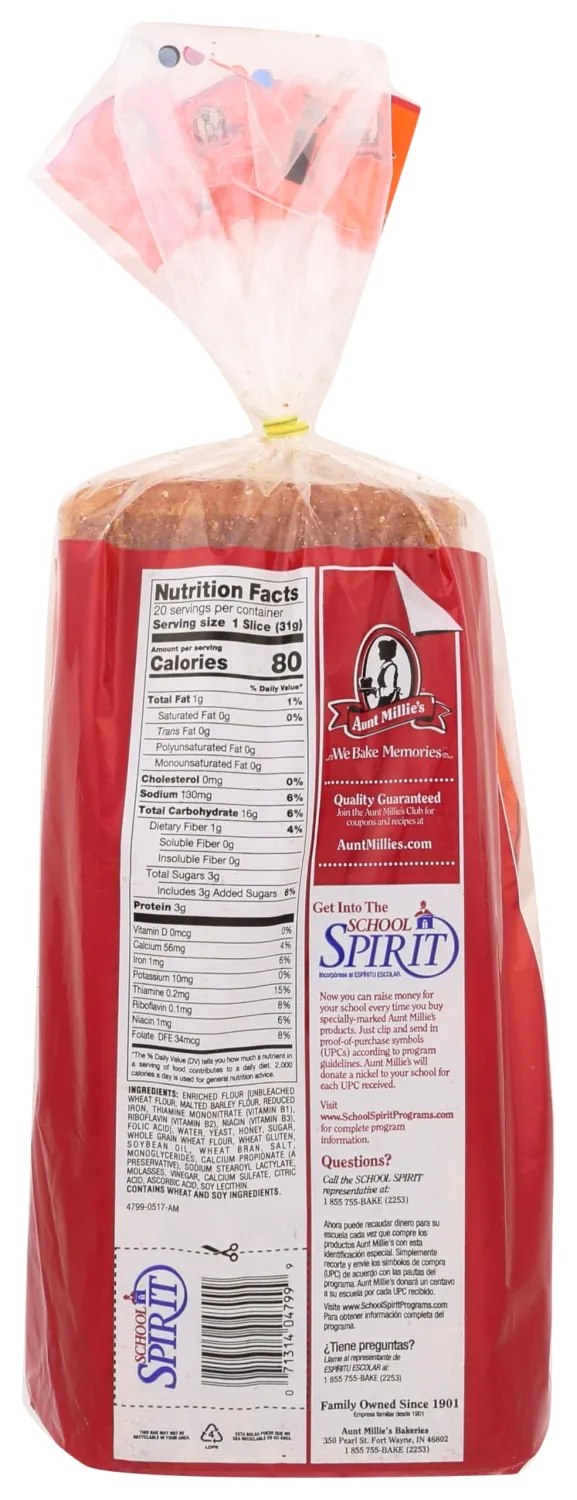 Aunt Millie's Bakeries Family Style, Honey Wheat Bread, 22 Ounce