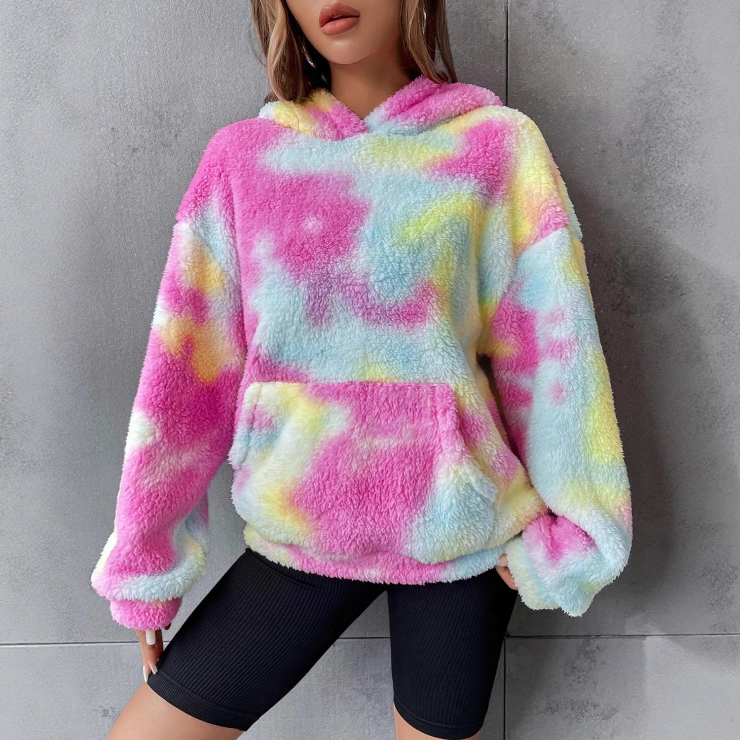 All-match Tie-dyed Pocket Plush Hooded Sweater