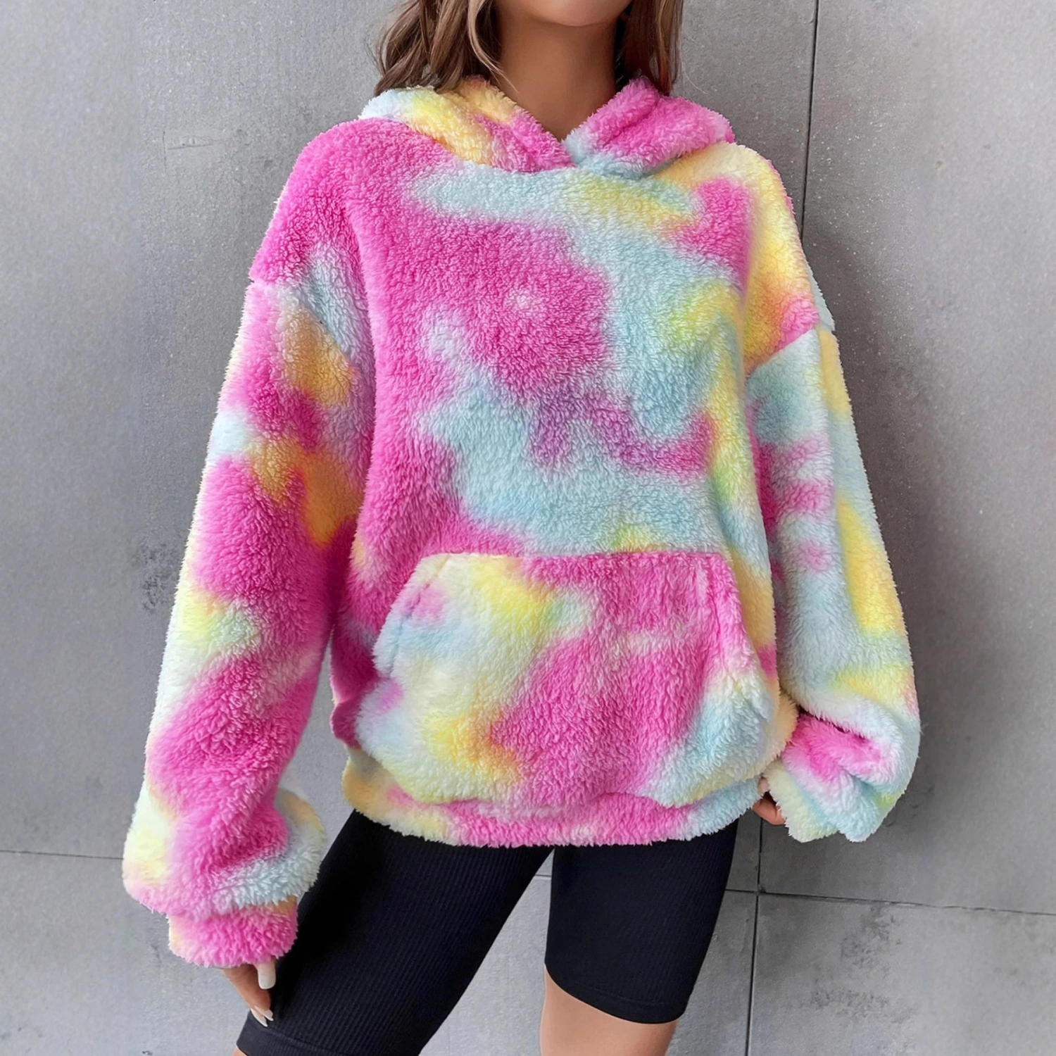 All-match Tie-dyed Pocket Plush Hooded Sweater