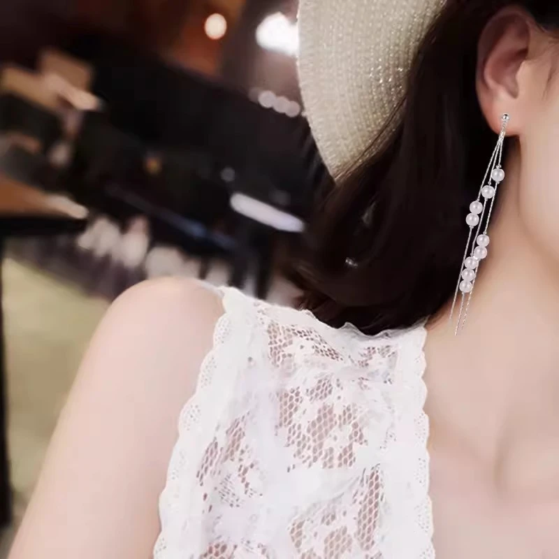 Temperamental Fairy Long Pearl Tassel Earrings High-grade Slimming