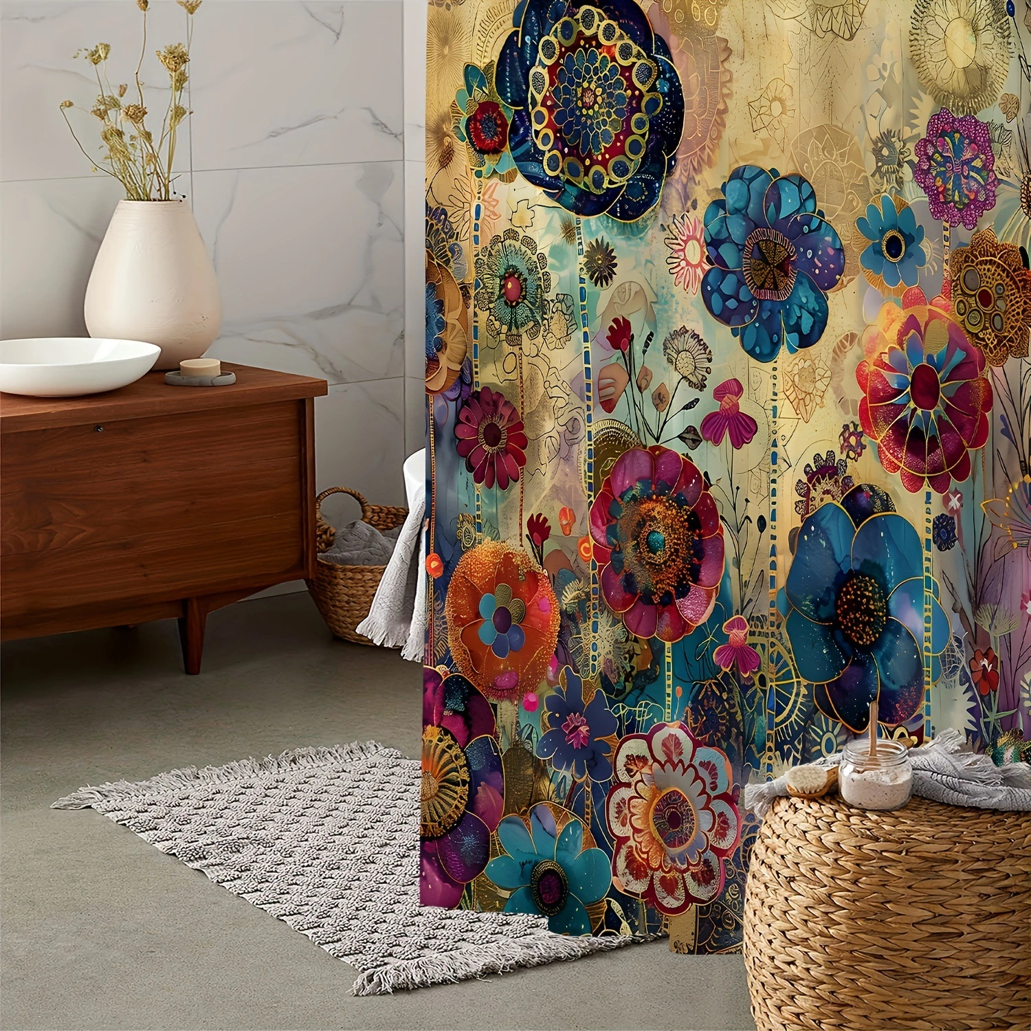 Retro Creative Flower Bathroom Home Decorative Waterproof Shower Curtain