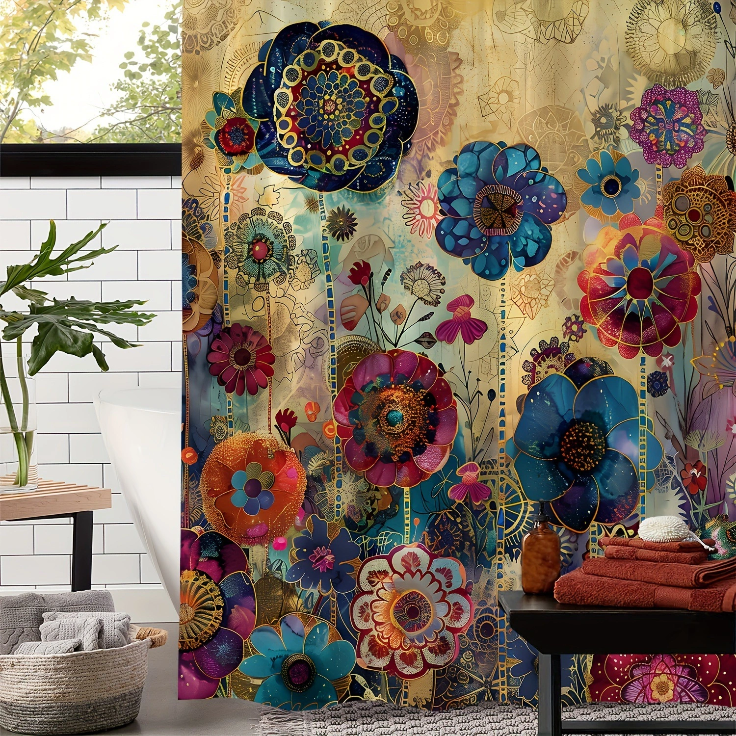 Retro Creative Flower Bathroom Home Decorative Waterproof Shower Curtain
