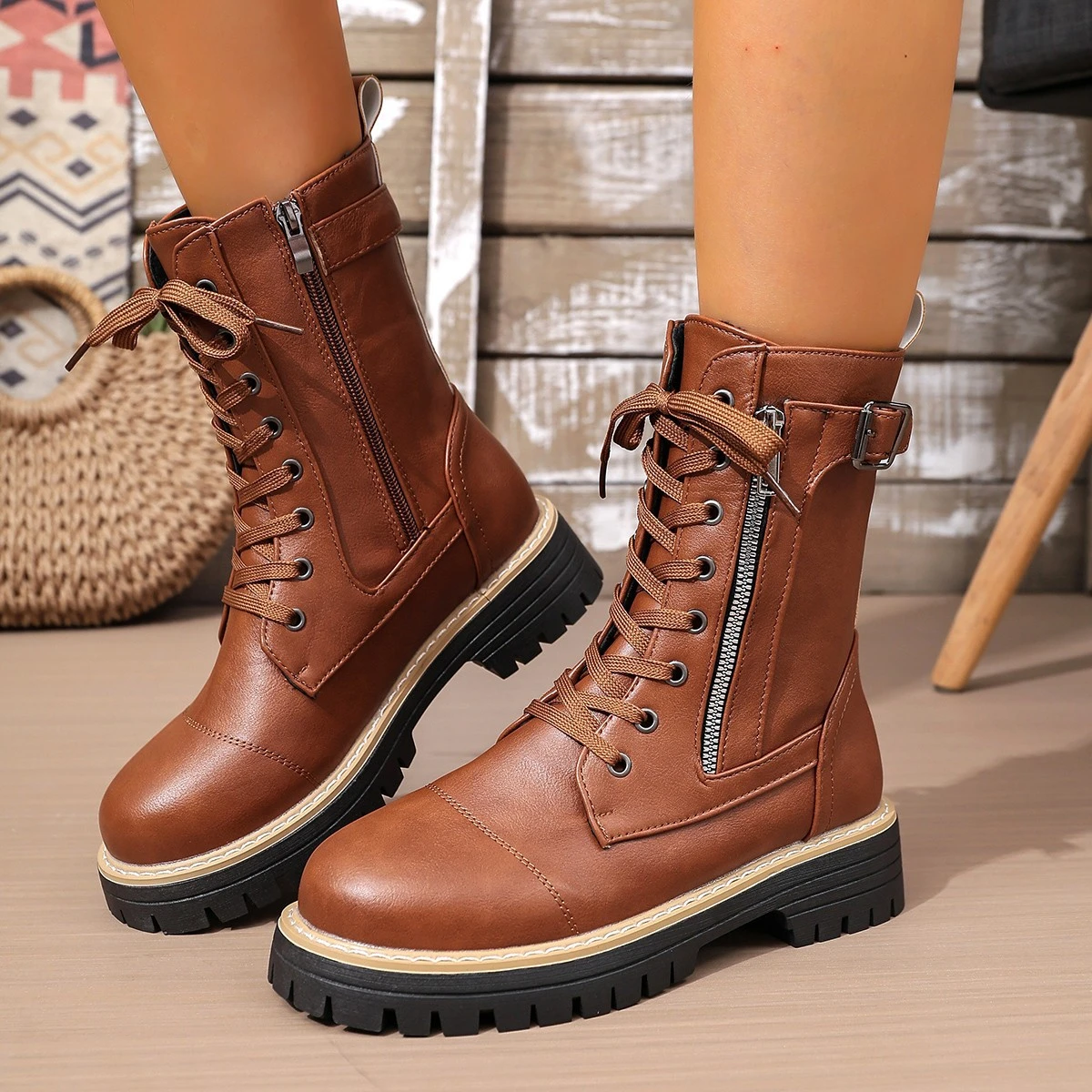 New Women's Solid Color Low Heel Middle Boots
