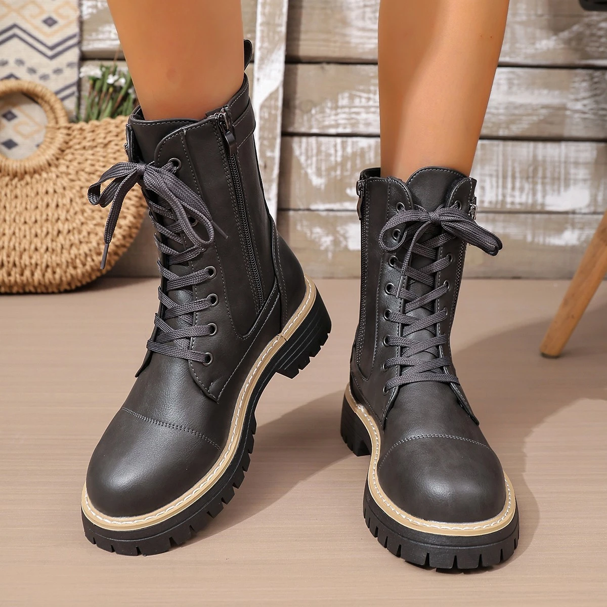 New Women's Solid Color Low Heel Middle Boots