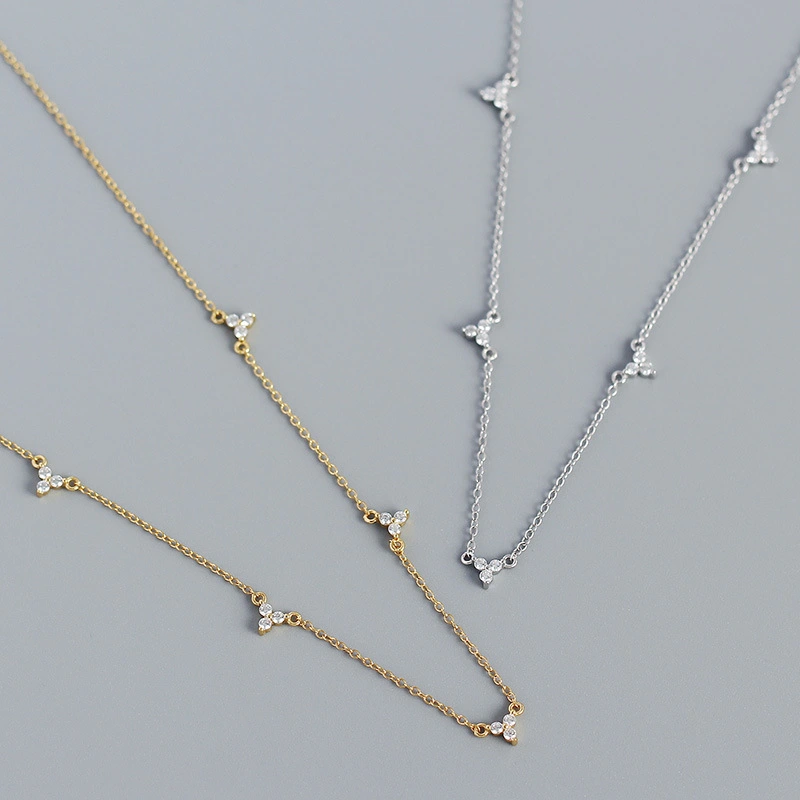 European And American S925 Silver Ins Micro-inlaid Three Zircon Design Geometric Necklace