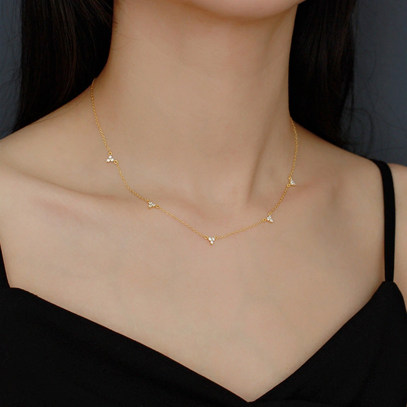 European And American S925 Silver Ins Micro-inlaid Three Zircon Design Geometric Necklace