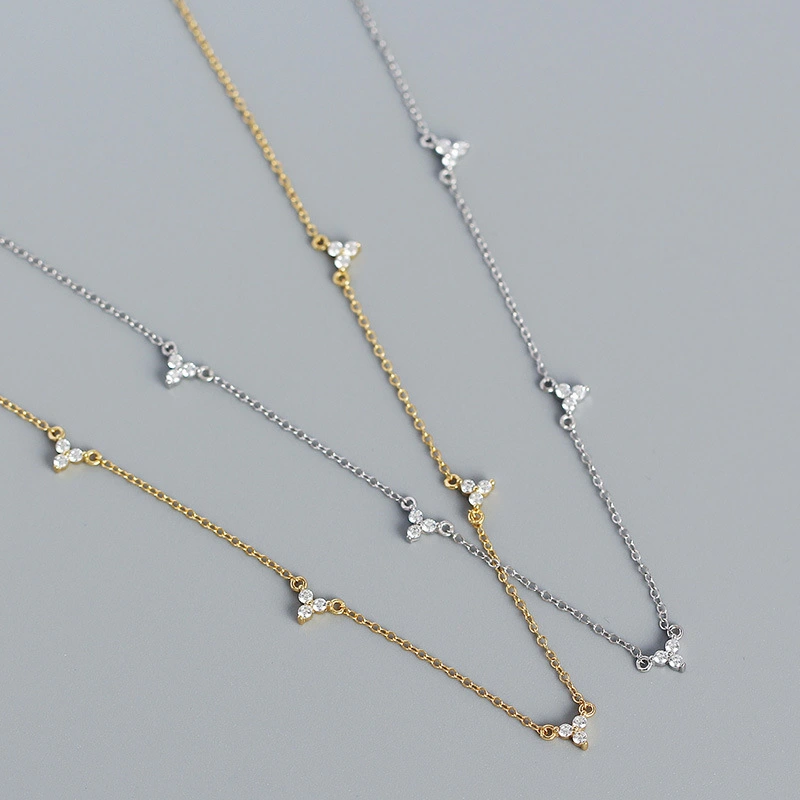 European And American S925 Silver Ins Micro-inlaid Three Zircon Design Geometric Necklace