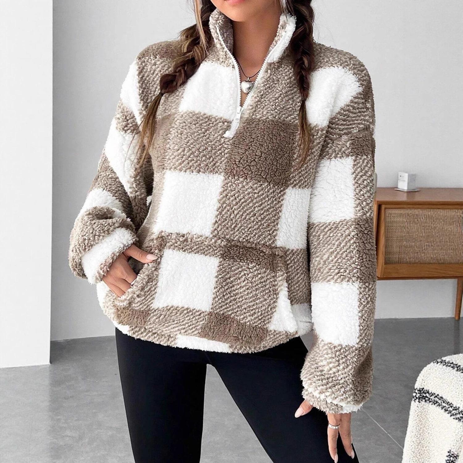Women's Short Plaid Half-open Collar Plush Sweater