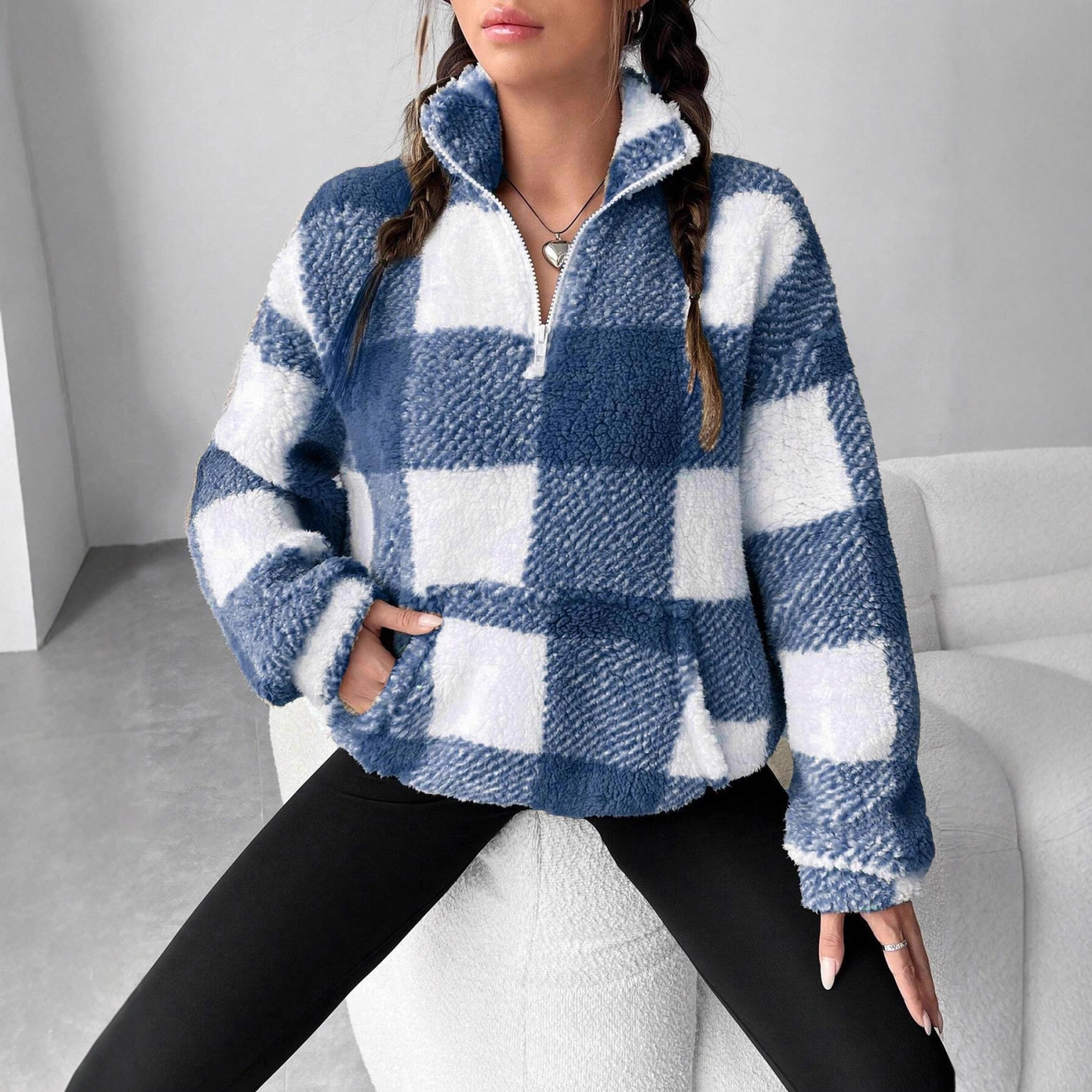 Women's Short Plaid Half-open Collar Plush Sweater