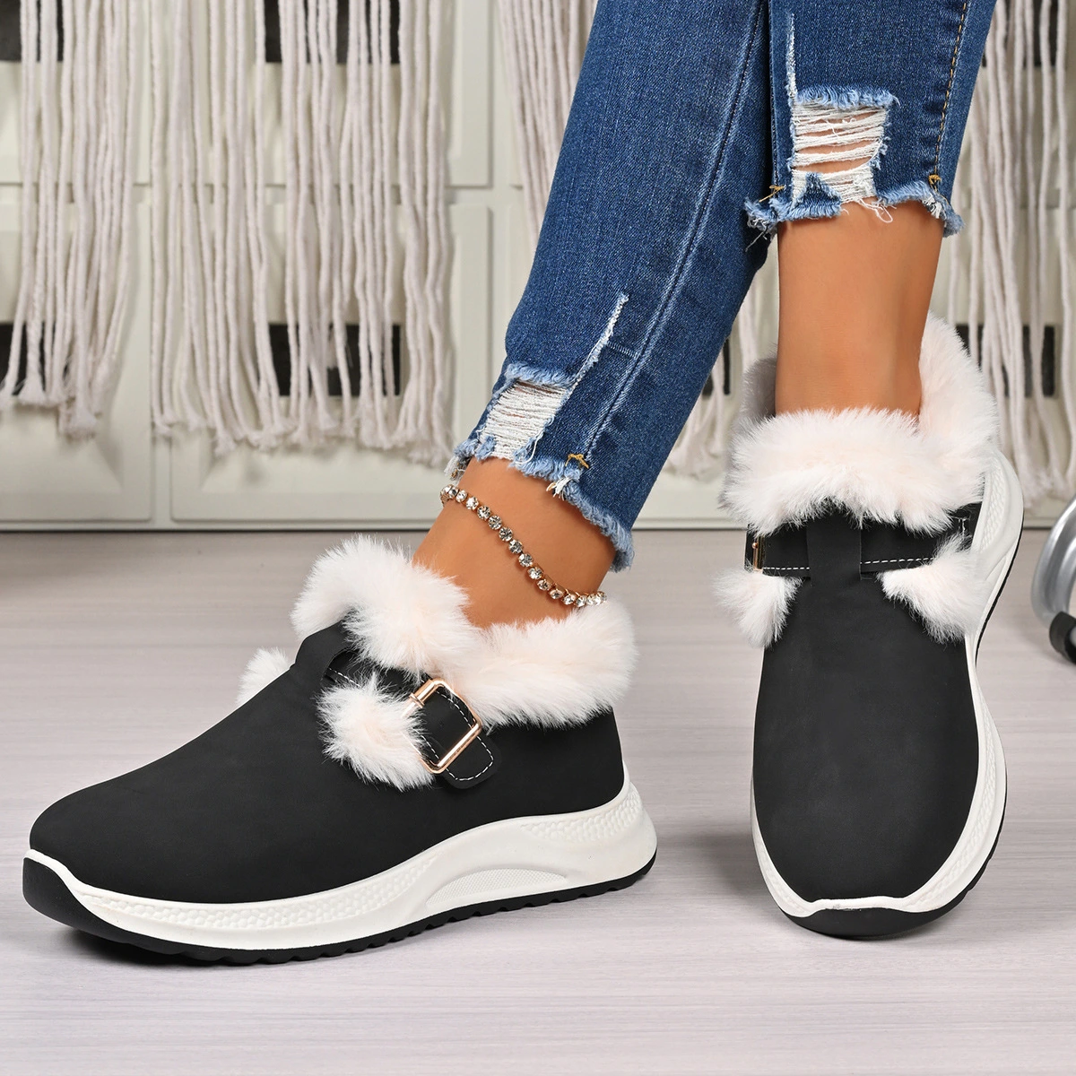 Winter Women's Fashion All-match Slip-on Thick Bottom Fluffy Cotton Shoes