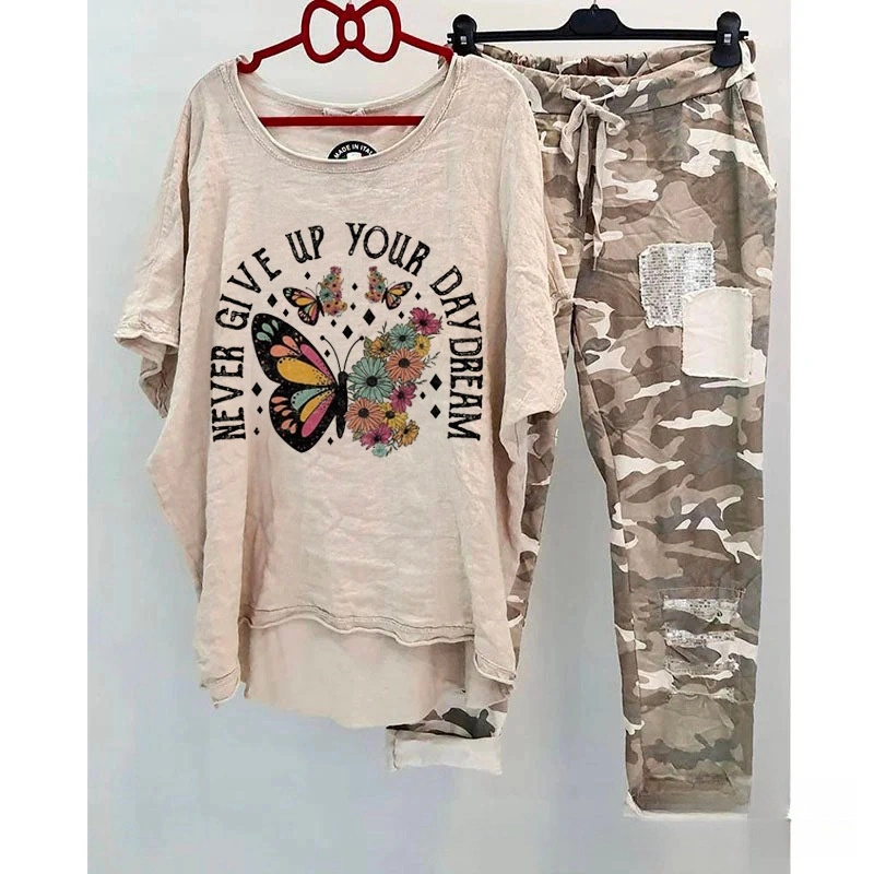 Casual Suit Women's Cotton And Linen Heat Transfer Patch Top Camouflage Printing Sweatpants