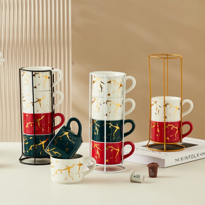 Creative Gilding Ceramic Mug Four-piece Set With Iron Frame