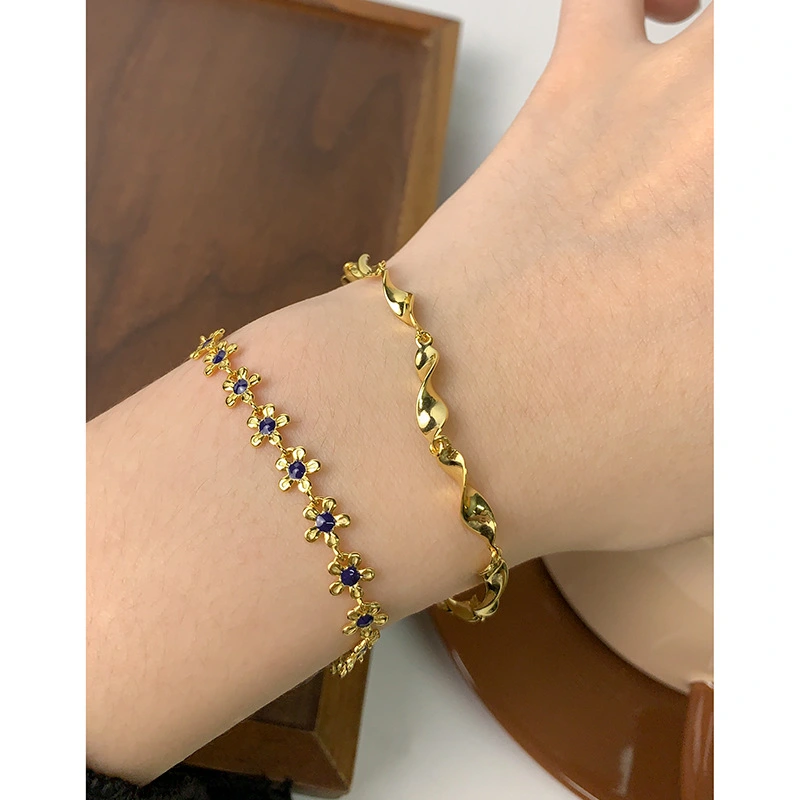 S925 Sterling Silver Gold Small Flower Drip Glazed Bracelet