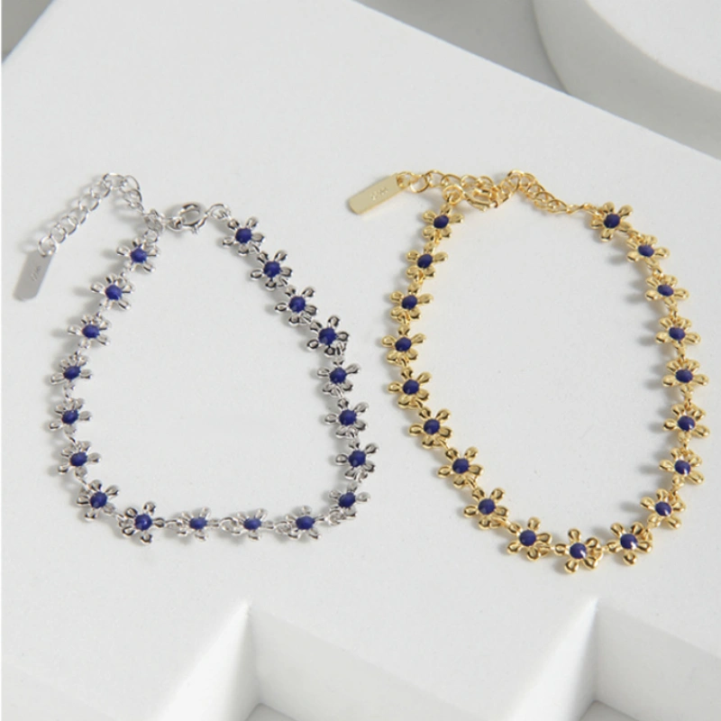 S925 Sterling Silver Gold Small Flower Drip Glazed Bracelet