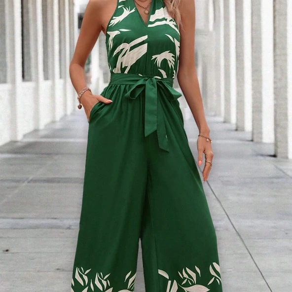 Printing Series Belt Halter Backless Wide Leg Jumpsuit