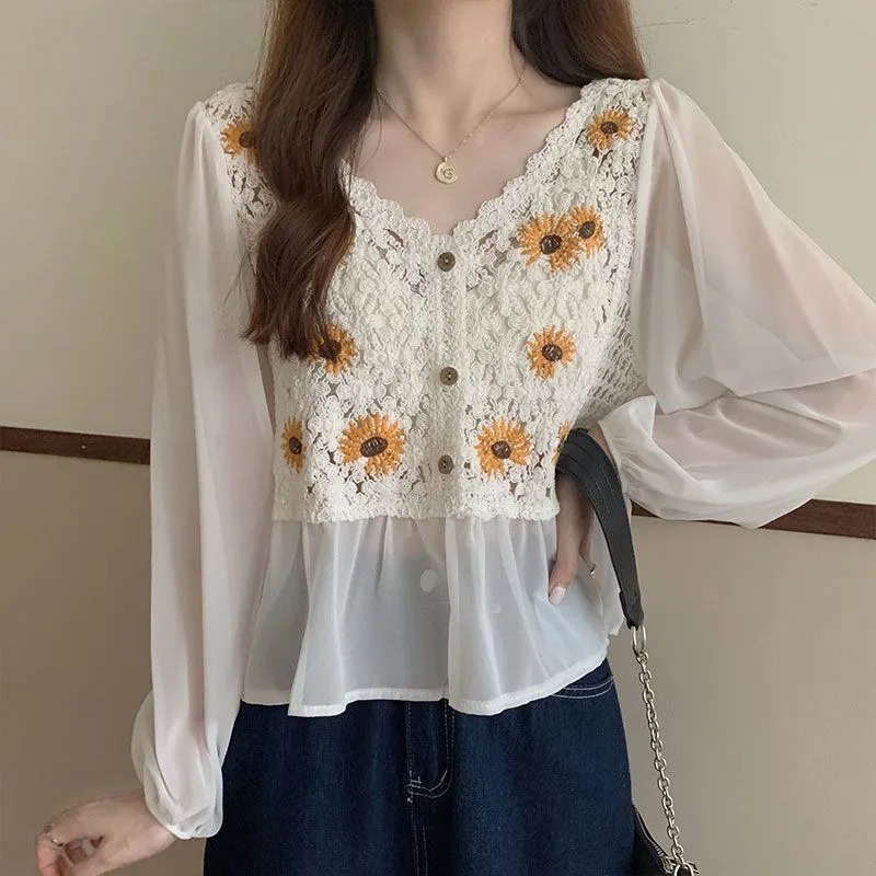 Early Autumn National Style Top Hollow Design Sunflower Embroidery Slightly Breathable Western Style Small Shirt Outer Wear