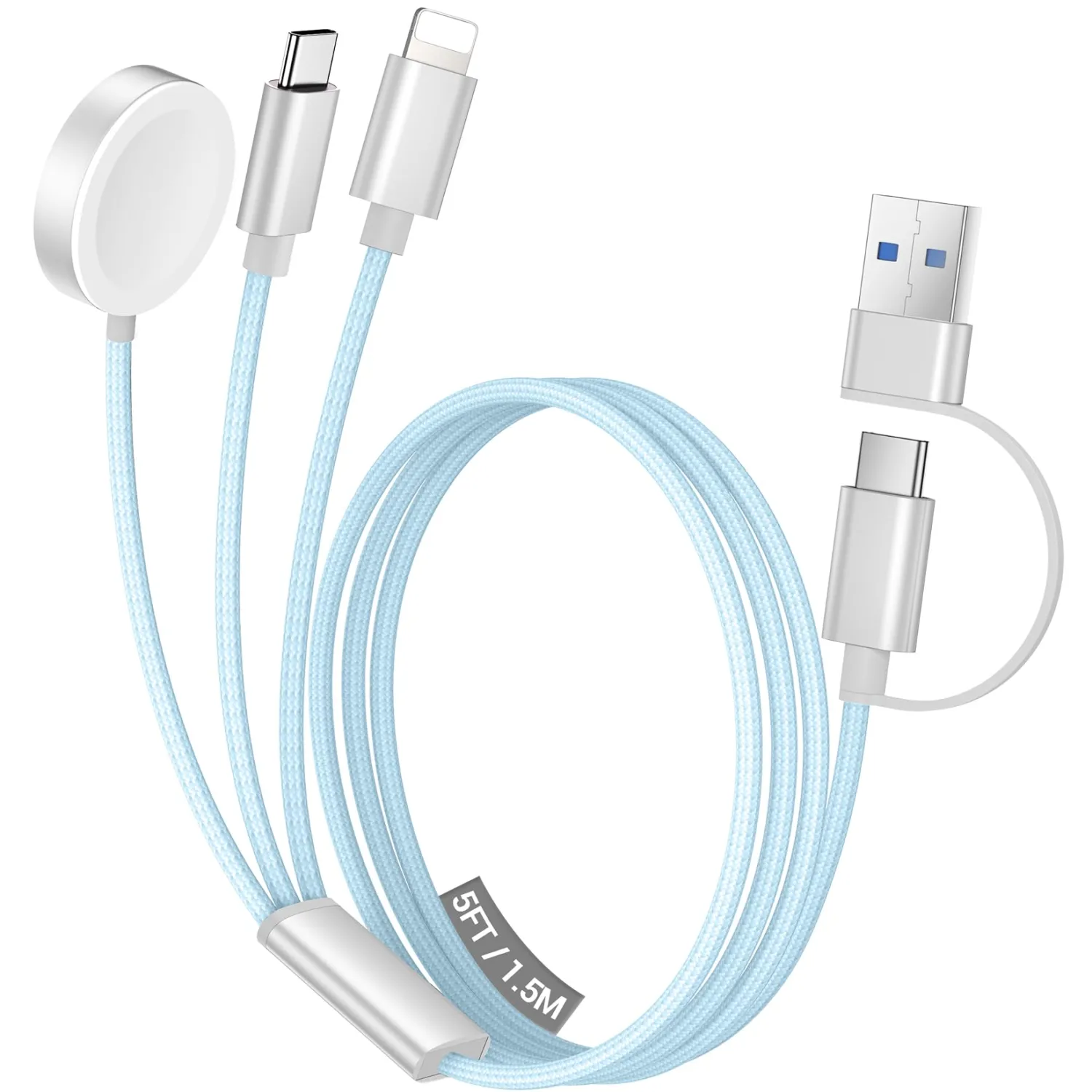 Temdan for Travel Vacation Essentials,3 in 2 USB C Cable for Apple Watch Charger/iPhone 17 Charger/Lightning,Multi Charging Cable Cord,Camping Essentials,Designed for iWatch &iPhone 16-12-5FT Blue