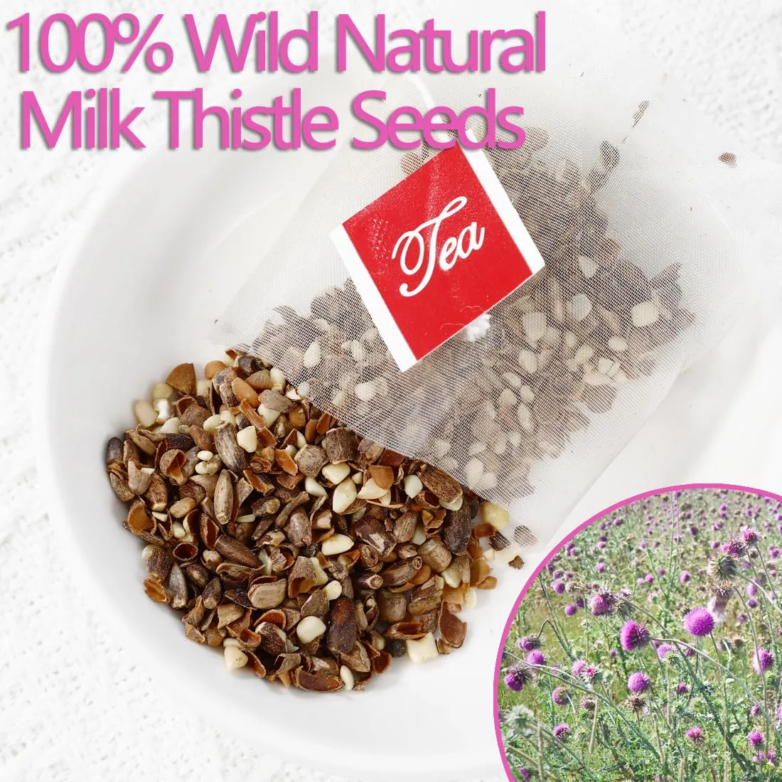 Premium 100 Milk Thistle Tea Bags, Made with 100% Wild Milk Thistle Seeds, for Liver Detox & No Additives & Caffeine Free.