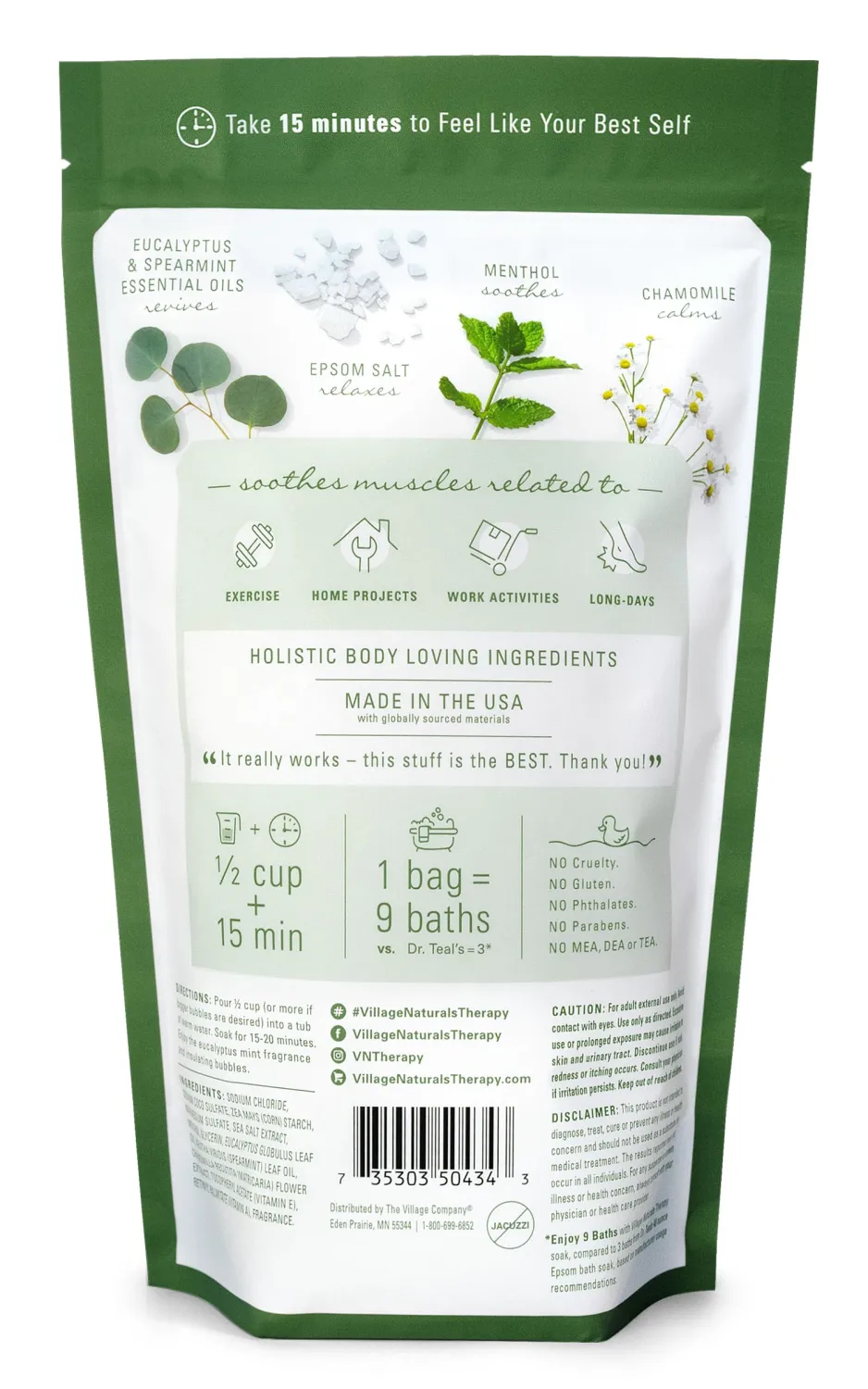 Village Naturals Therapy Muscle Foaming Epsom Soak, Eucalyptus Mint Scent, 36 oz, Pack of 2
