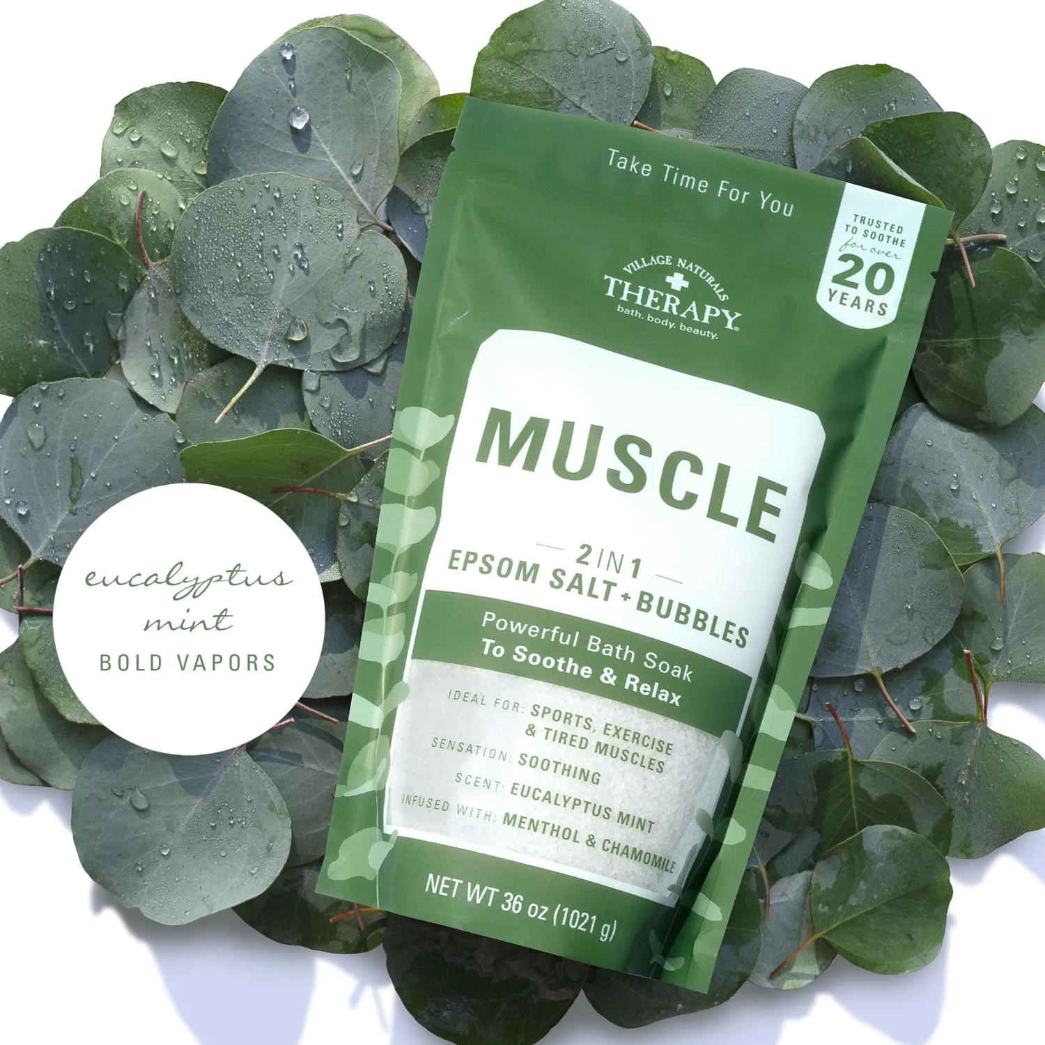 Village Naturals Therapy Muscle Foaming Epsom Soak, Eucalyptus Mint Scent, 36 oz, Pack of 2