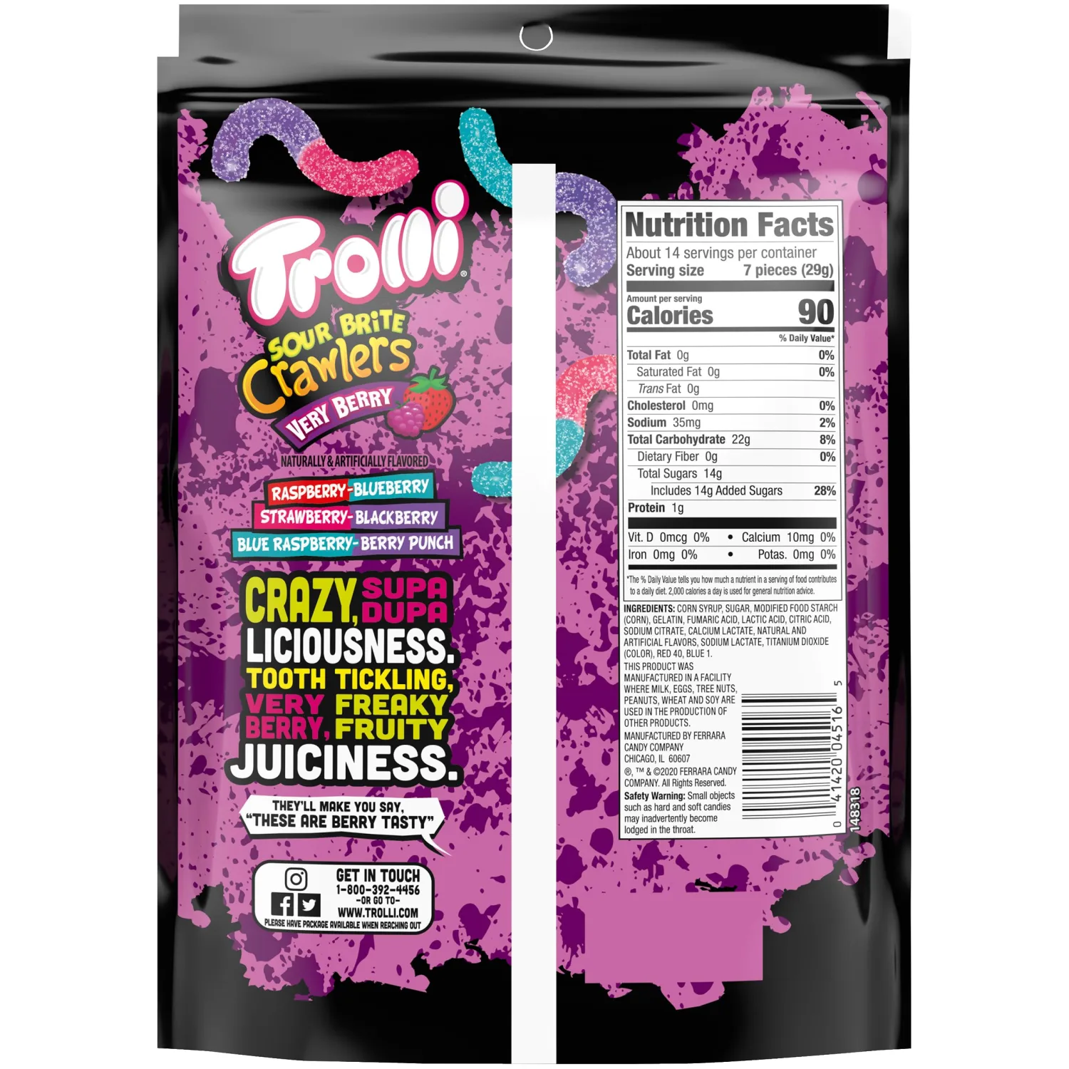Trolli Sour Brite Crawlers Candy, Very Berry Flavored Sour Gummy Worms, 14 Ounce Bag