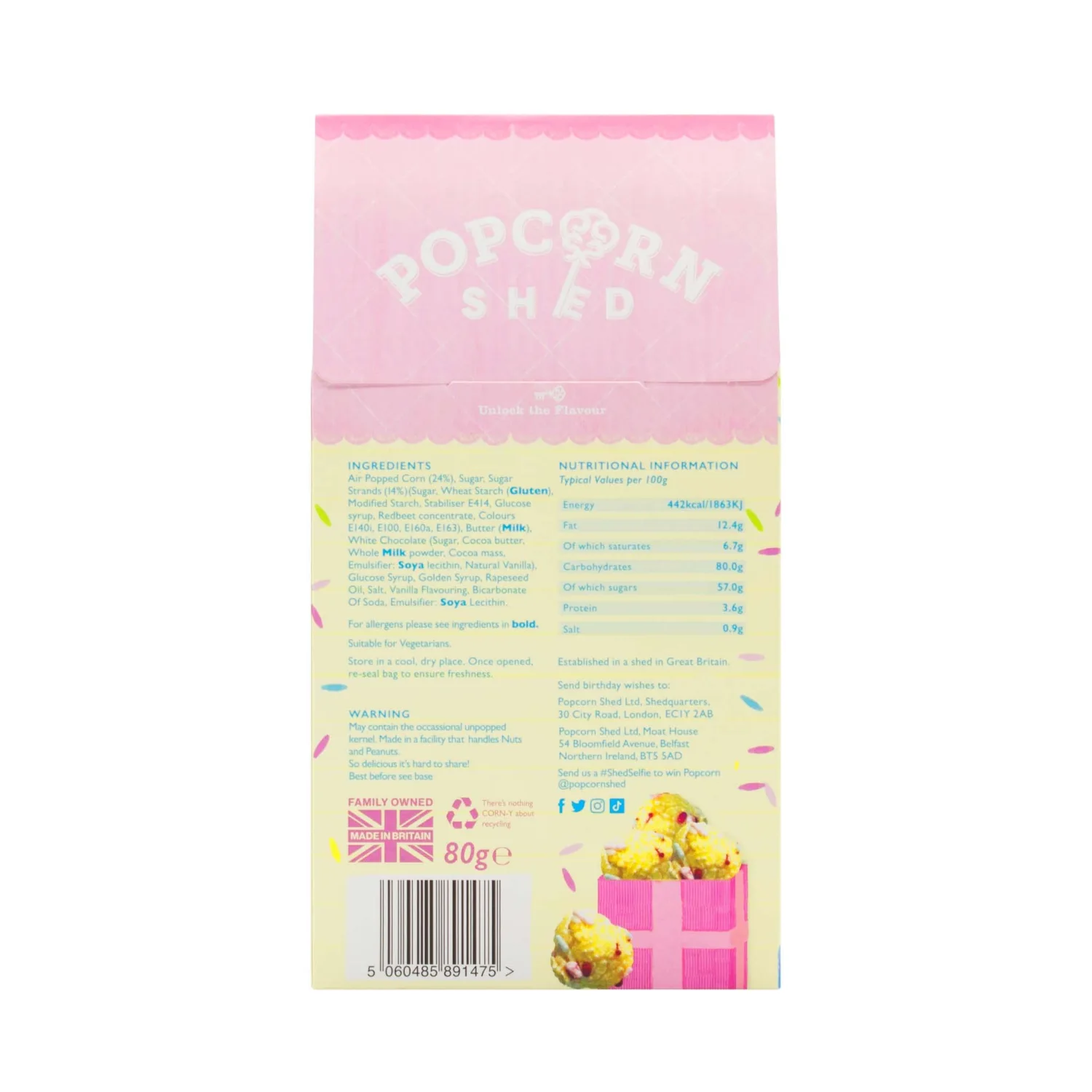 Popcorn Shed, Yellow 3 x Birthday Cake Gourmet Popcorn Sheds, Vanilla Cake Caramel Flavoured Popcorn with White Chocolate and Sprinkles 3 x 80g, Popcorn Gift