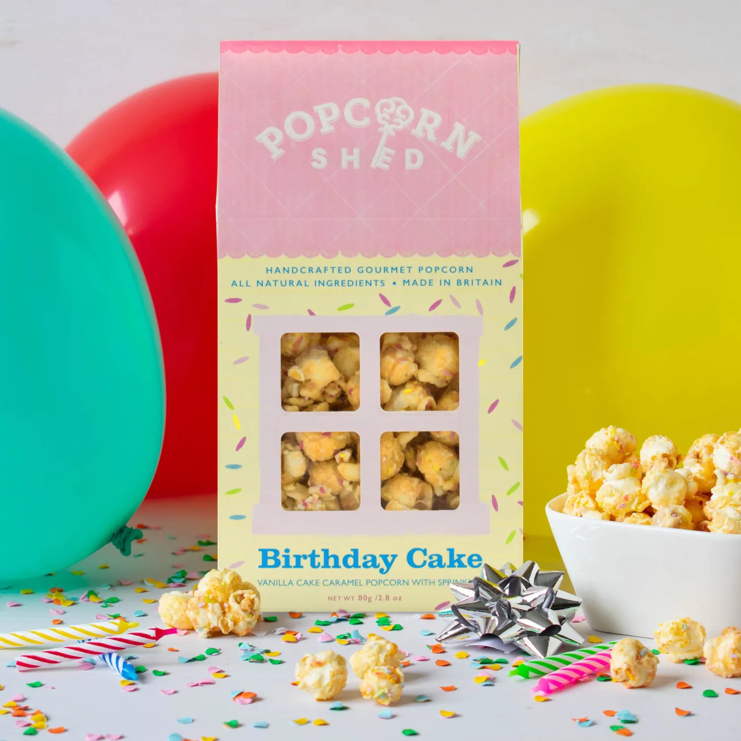 Popcorn Shed, Yellow 3 x Birthday Cake Gourmet Popcorn Sheds, Vanilla Cake Caramel Flavoured Popcorn with White Chocolate and Sprinkles 3 x 80g, Popcorn Gift