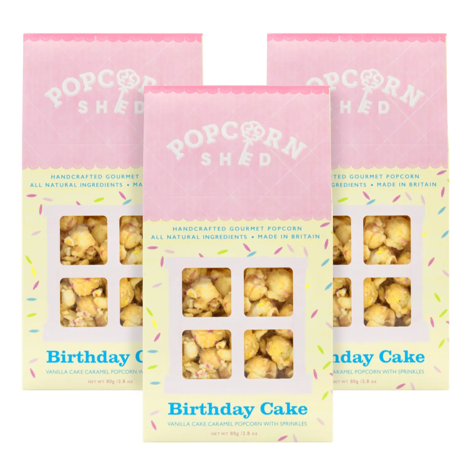 Popcorn Shed, Yellow 3 x Birthday Cake Gourmet Popcorn Sheds, Vanilla Cake Caramel Flavoured Popcorn with White Chocolate and Sprinkles 3 x 80g, Popcorn Gift