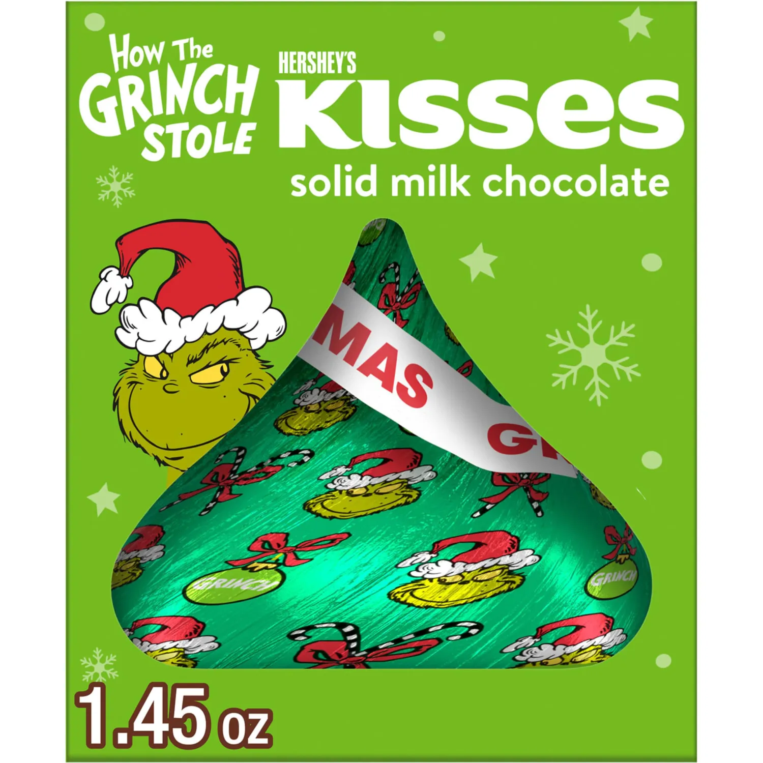 HERSHEY'S KISSES Grinch Solid Milk Chocolate, Christmas Candy Gift Box, 1.45 oz