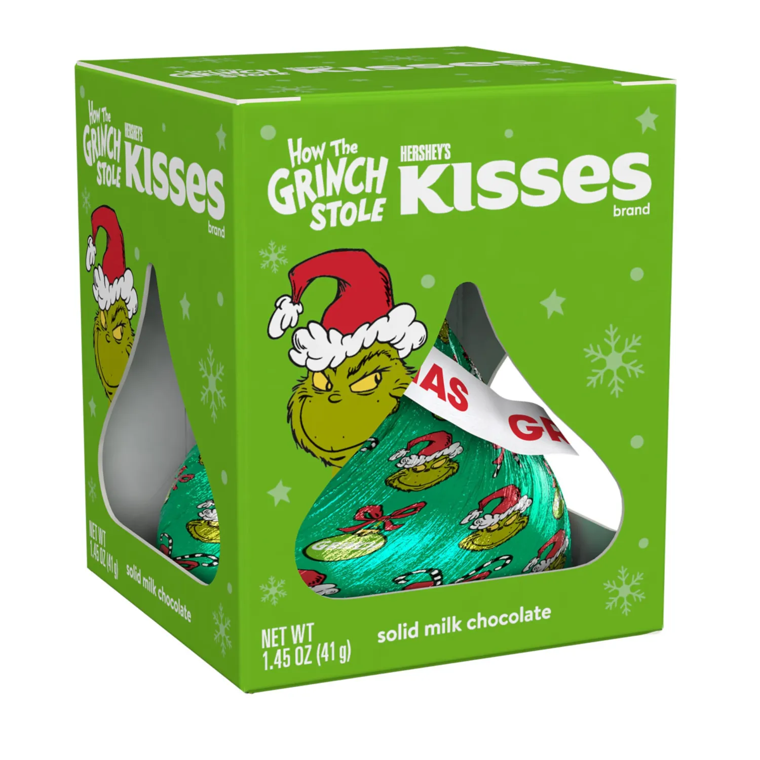 HERSHEY'S KISSES Grinch Solid Milk Chocolate, Christmas Candy Gift Box, 1.45 oz