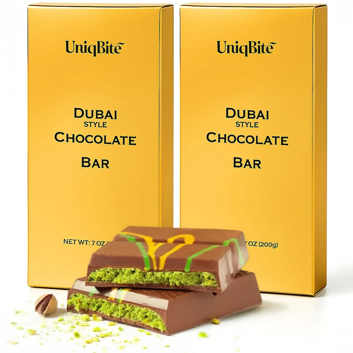 UniqBite Dubai Chocolate Bar Pistachio, 2 PACK, Crunchy Loaded Viral Knafeh Chocolate Bar with Pistachio Cream and Kataifi (Total 14 Oz - 400g)