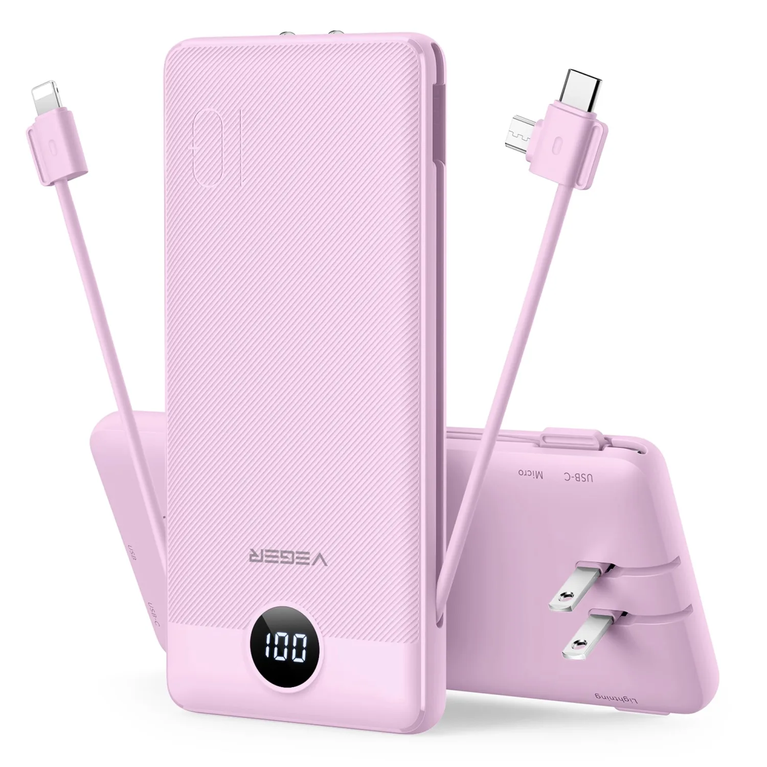 VEGER Portable Charger for iPhone Built in Cables and Wall Plug, 10000mah Slim Fast Charging USB C Power Bank, Travel Essential Battery Pack Compatible with iPhones, iPad, Samsung More Devices(Purple)