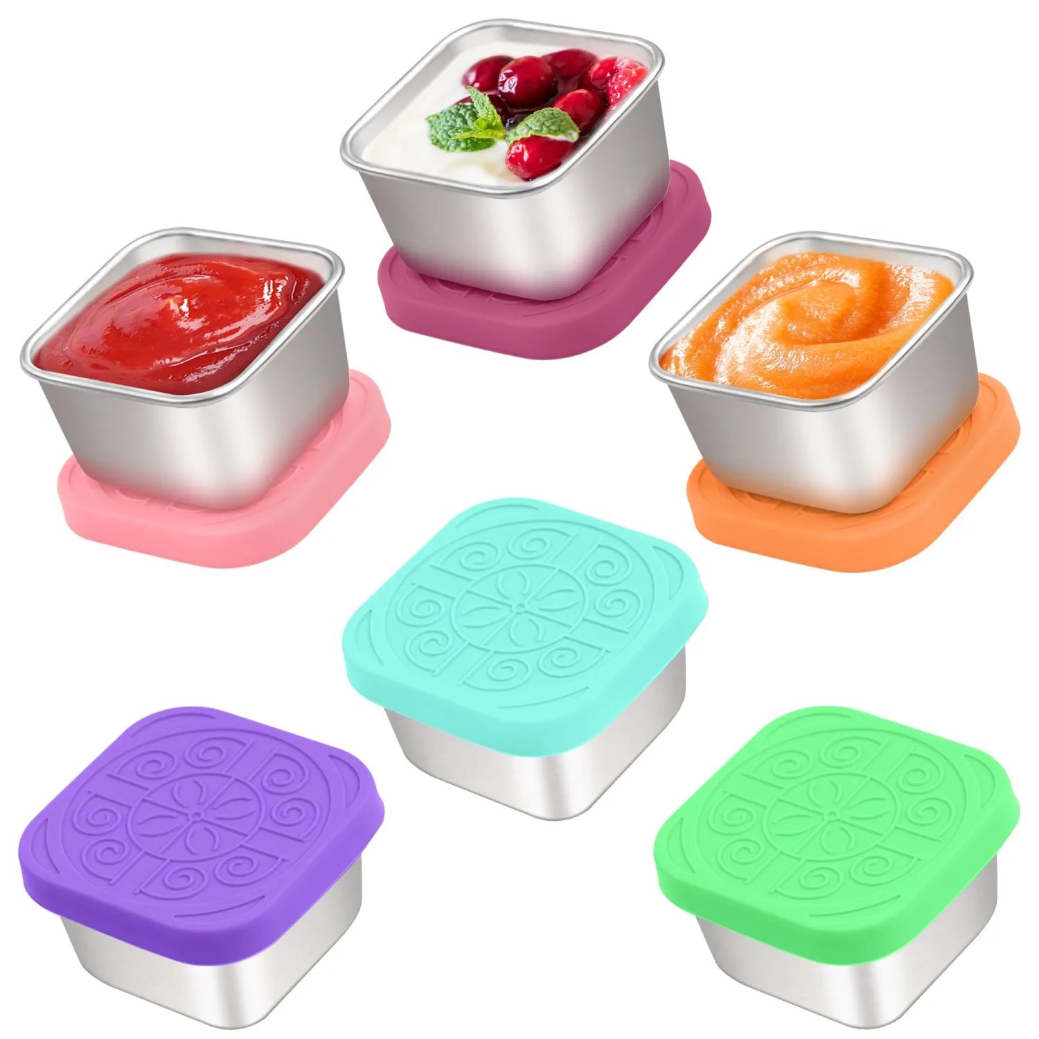 6x2.7 Oz Salad Dressing Container to Go,Handy Leakproof Stainless Steel Meal Prep Containers Reusable,Sauce Containers for Lunch Box, Picnics, Travel, Office and Kitchen Storage-Square