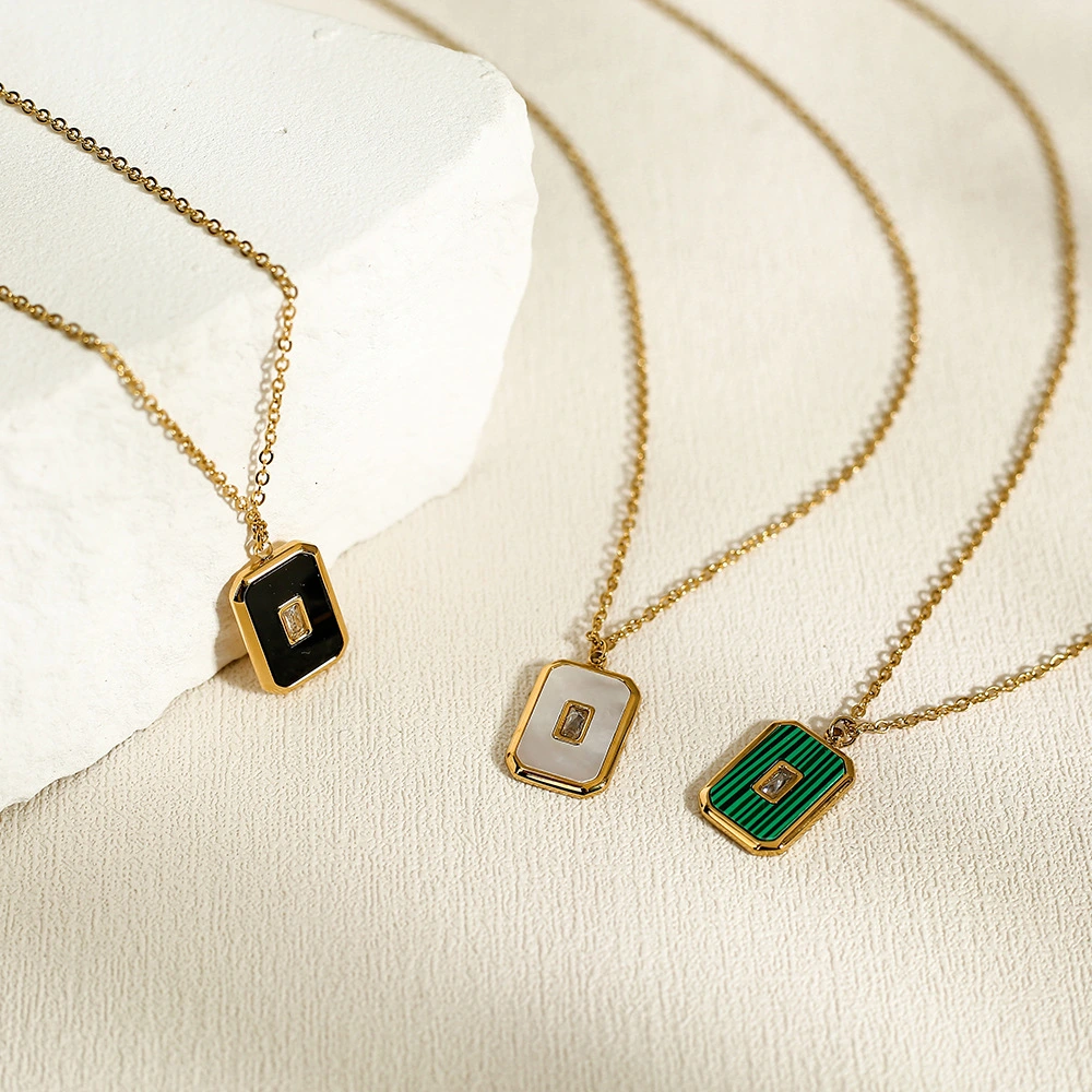 Vintage Square Natural Stone Pendant Necklace