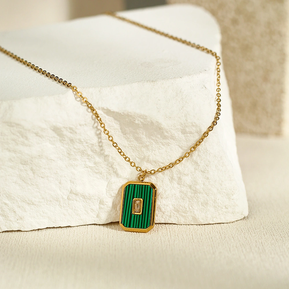 Vintage Square Natural Stone Pendant Necklace