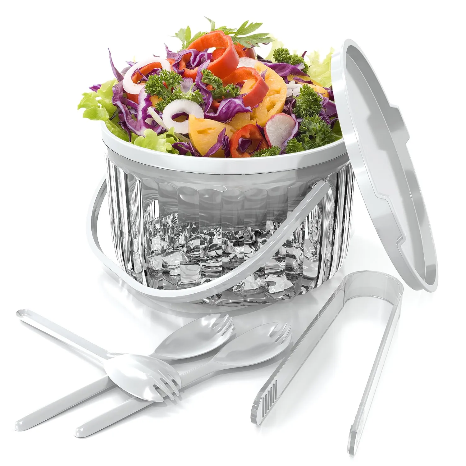 30oz Iced Salad Bowl With Lid,Chilled Serving Bowl,Big Bowl To Keep Food Cold With Handle For Party,Bowl Set For Chilled Pasta, Hummus, Salsa, Potato, Dressing, Fruit,White