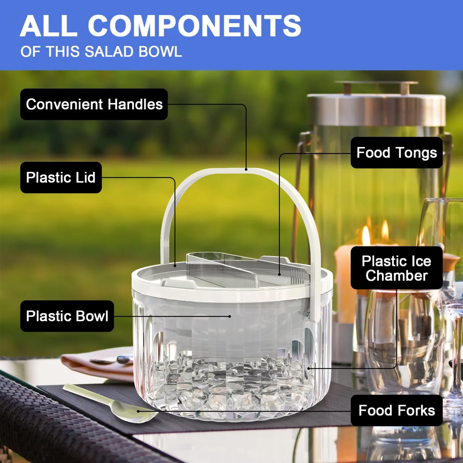 30oz Iced Salad Bowl With Lid,Chilled Serving Bowl,Big Bowl To Keep Food Cold With Handle For Party,Bowl Set For Chilled Pasta, Hummus, Salsa, Potato, Dressing, Fruit,White