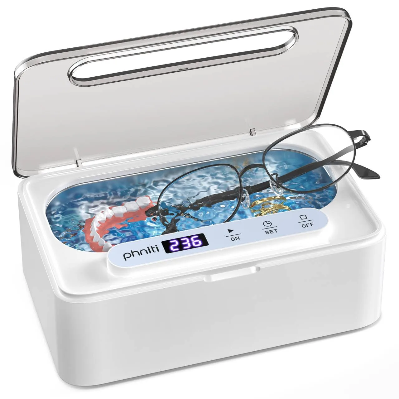 Ultrasonic Jewelry Cleaner, Phniti Ultrasonic Cleaner 47KHz 330ml Retainer Cleaner Machine with 3 Timer Mode for Jewelry, Dentures Retainers, Aligners, Glasses, Watch, Household Use